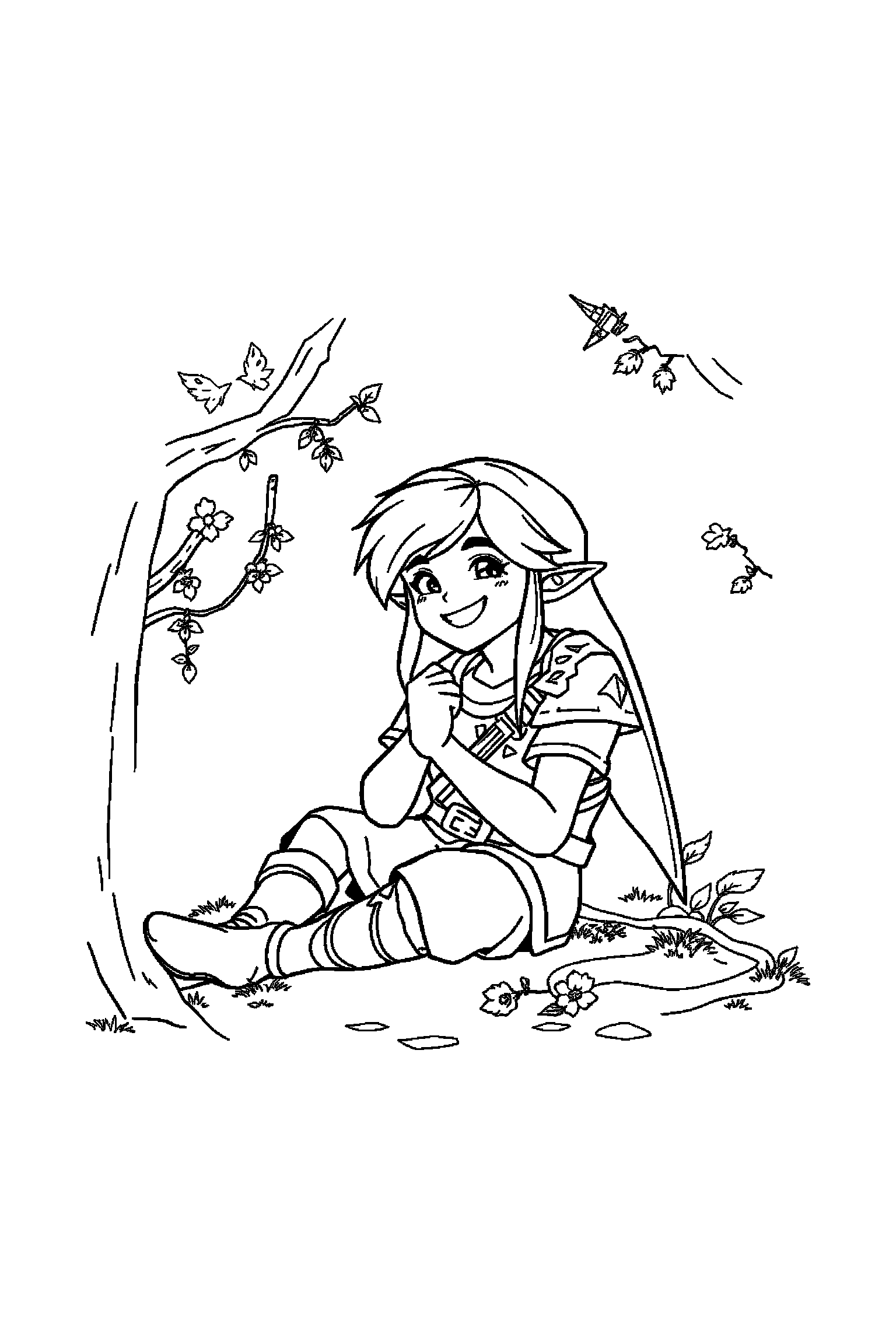 Coloriage Zelda gratuit à imprimer : Link assis qui sourit de tout son cœur