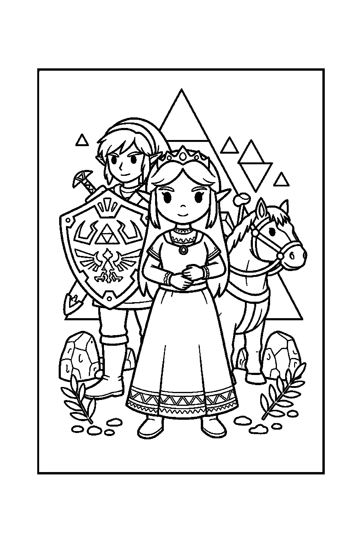 Coloriage Zelda gratuit à imprimer : Zelda debout avec les deux bras visibles et bien attachés au corps