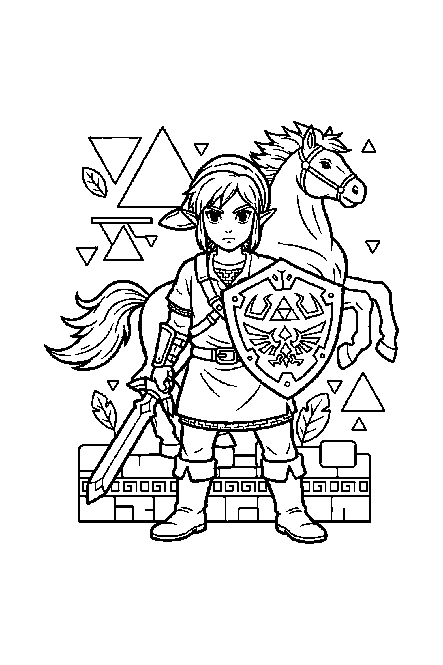 Coloriage Zelda gratuit à imprimer : portrait facile avec un héros avec bouclier et de grands contours