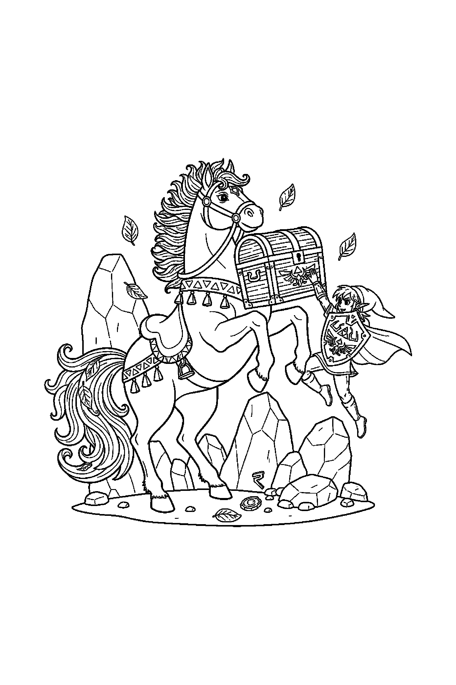 Coloriage Zelda gratuit à imprimer : un cheval d'aventure tenant un coffre