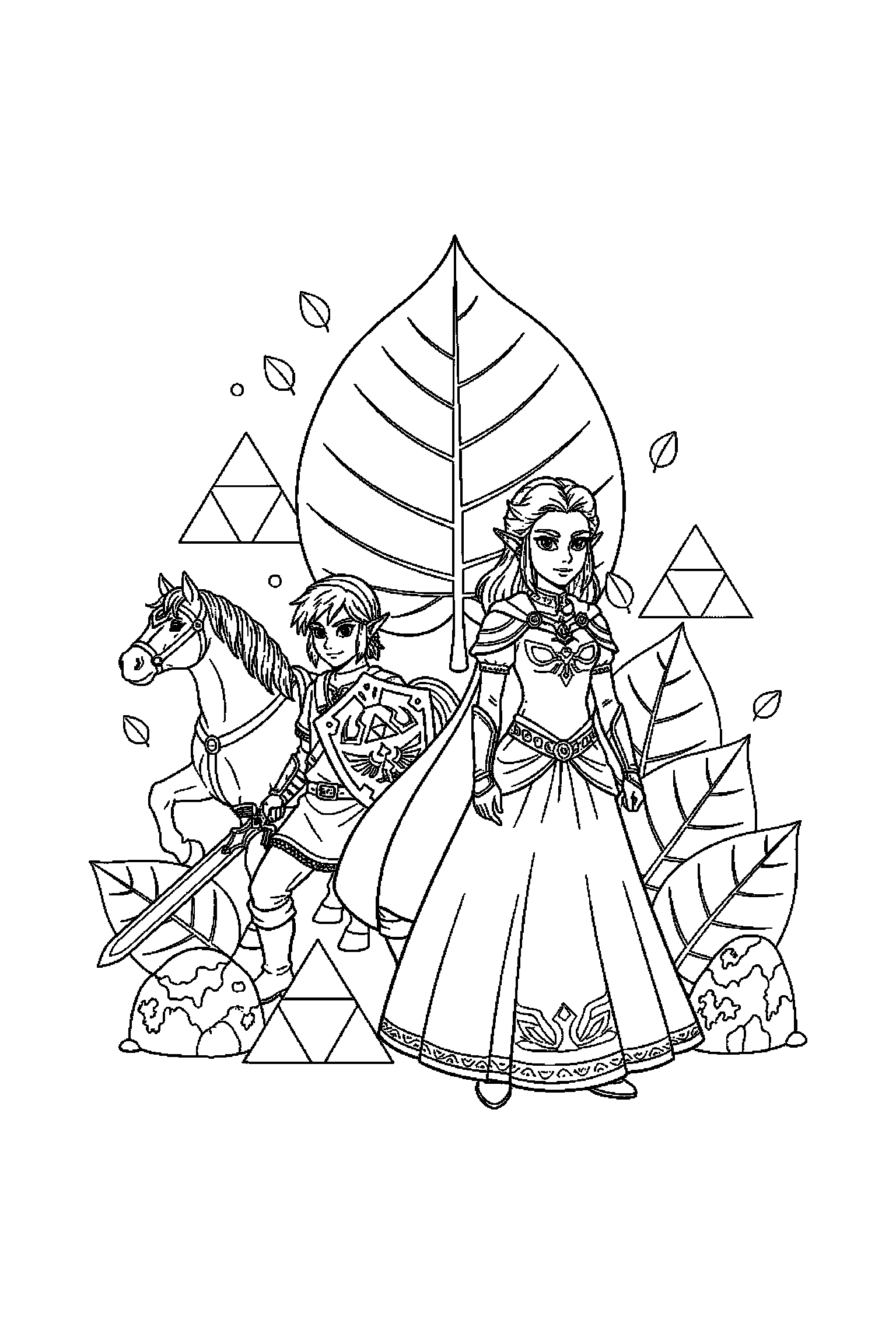 Coloriage Zelda gratuit à imprimer : une princesse d'Hyrule devant une feuille
