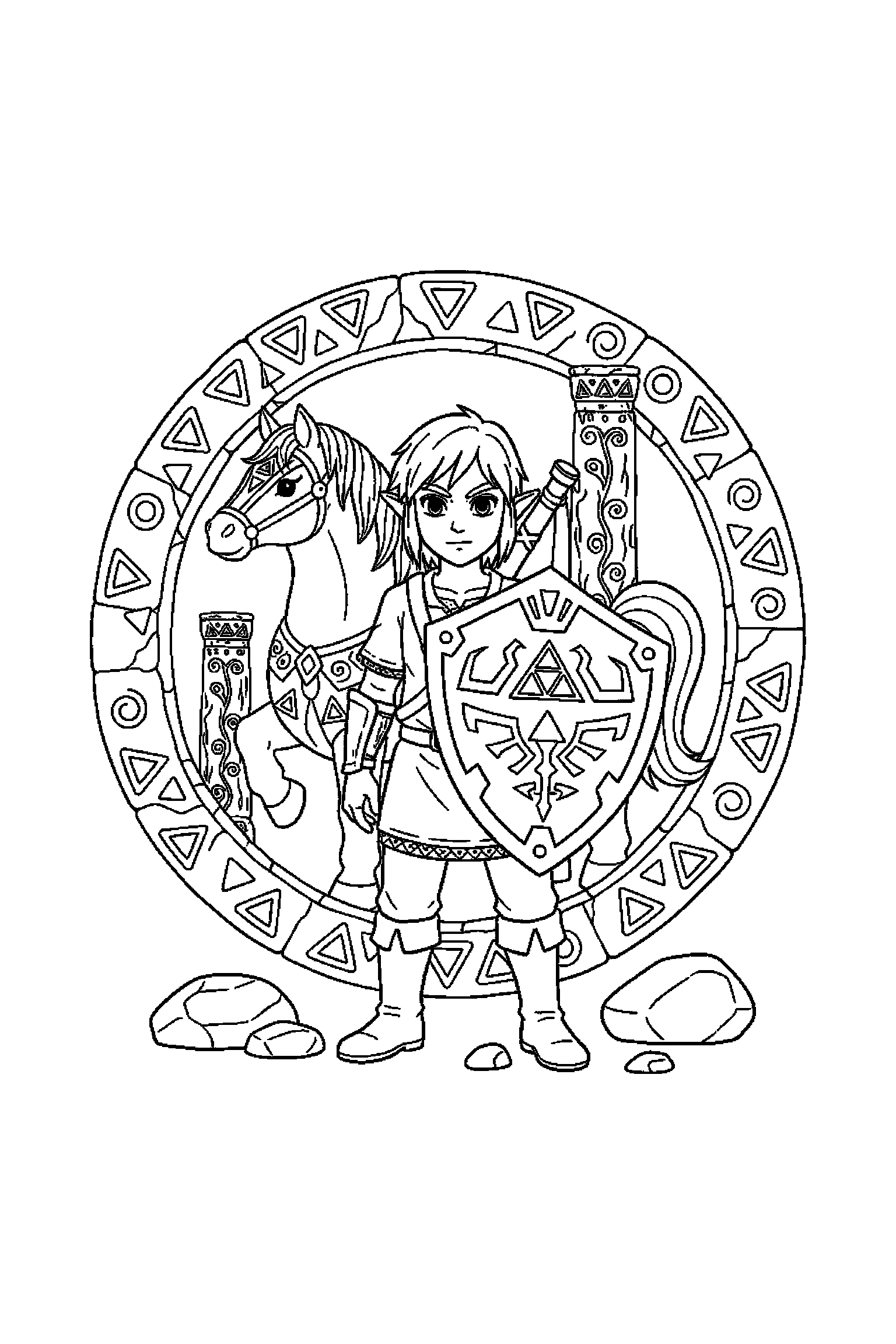 Coloriage Zelda gratuit à imprimer : un héros avec bouclier avec pierres anciennes autour de lui