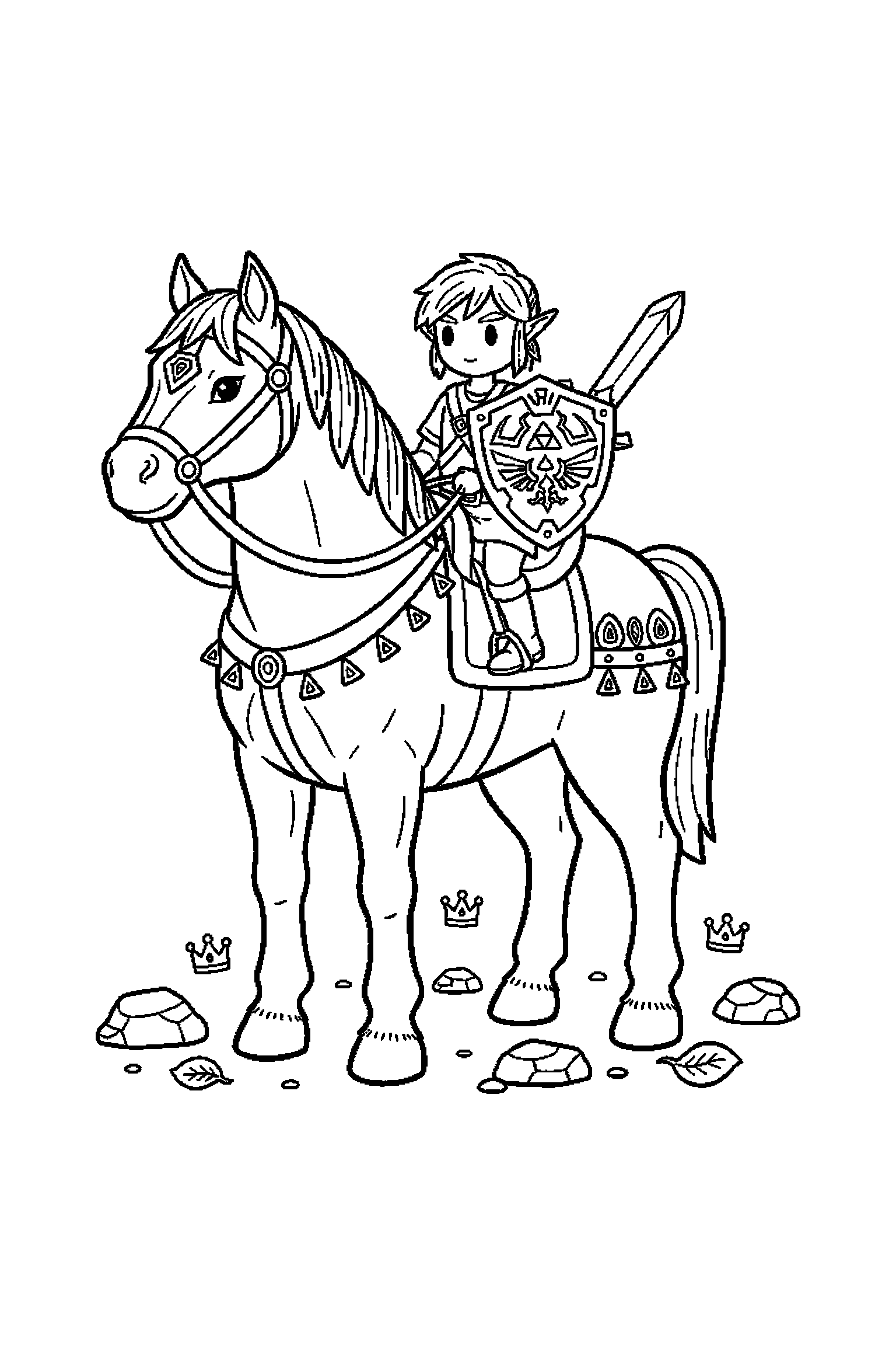Coloriage Zelda gratuit à imprimer : un cheval d'aventure posé au centre de la page
