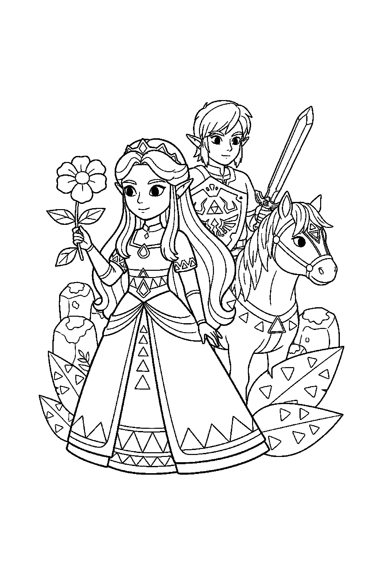Coloriage Zelda gratuit à imprimer : une princesse d'Hyrule tenant une fleur