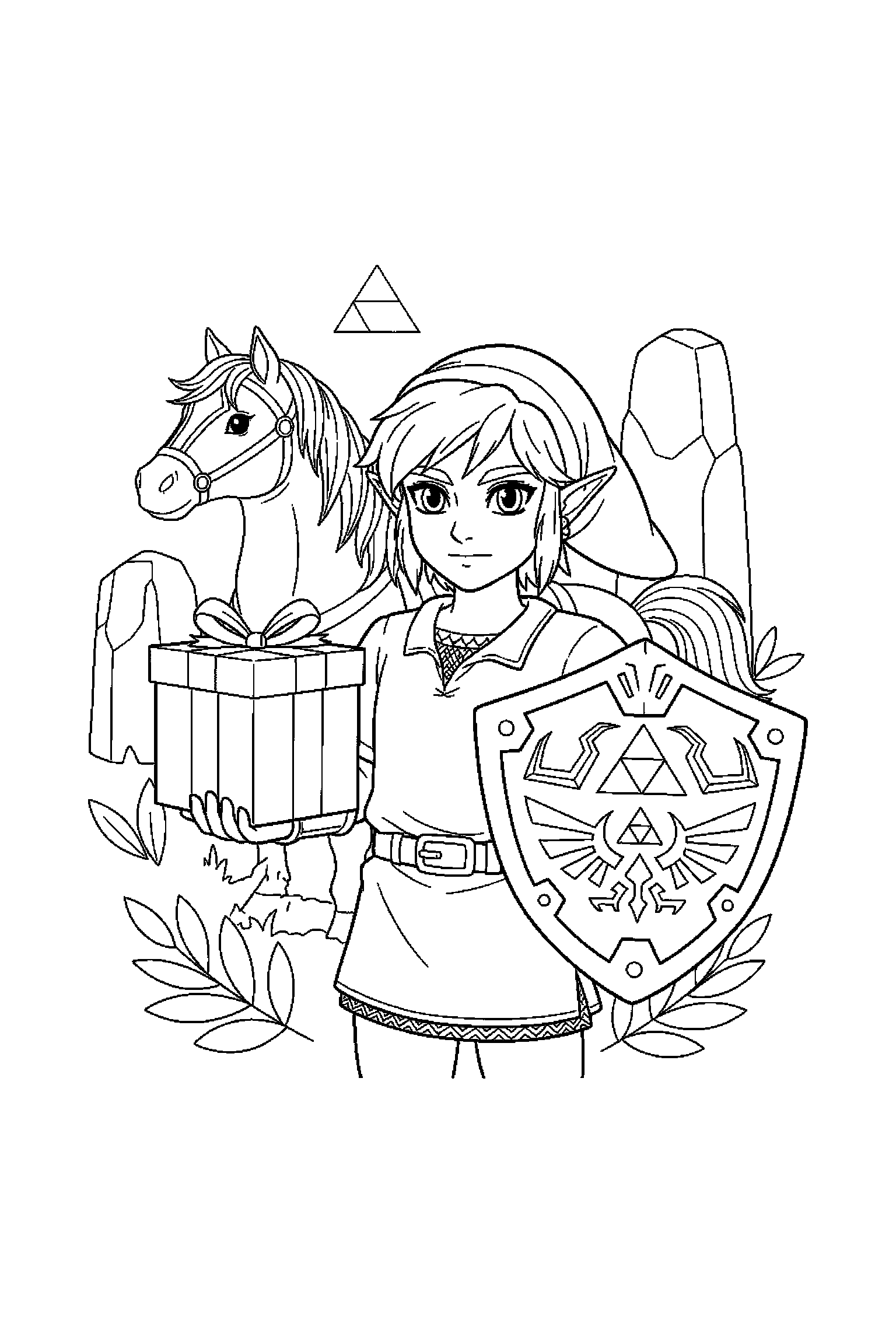 Coloriage Zelda gratuit à imprimer : un héros avec bouclier avec un cadeau fermé