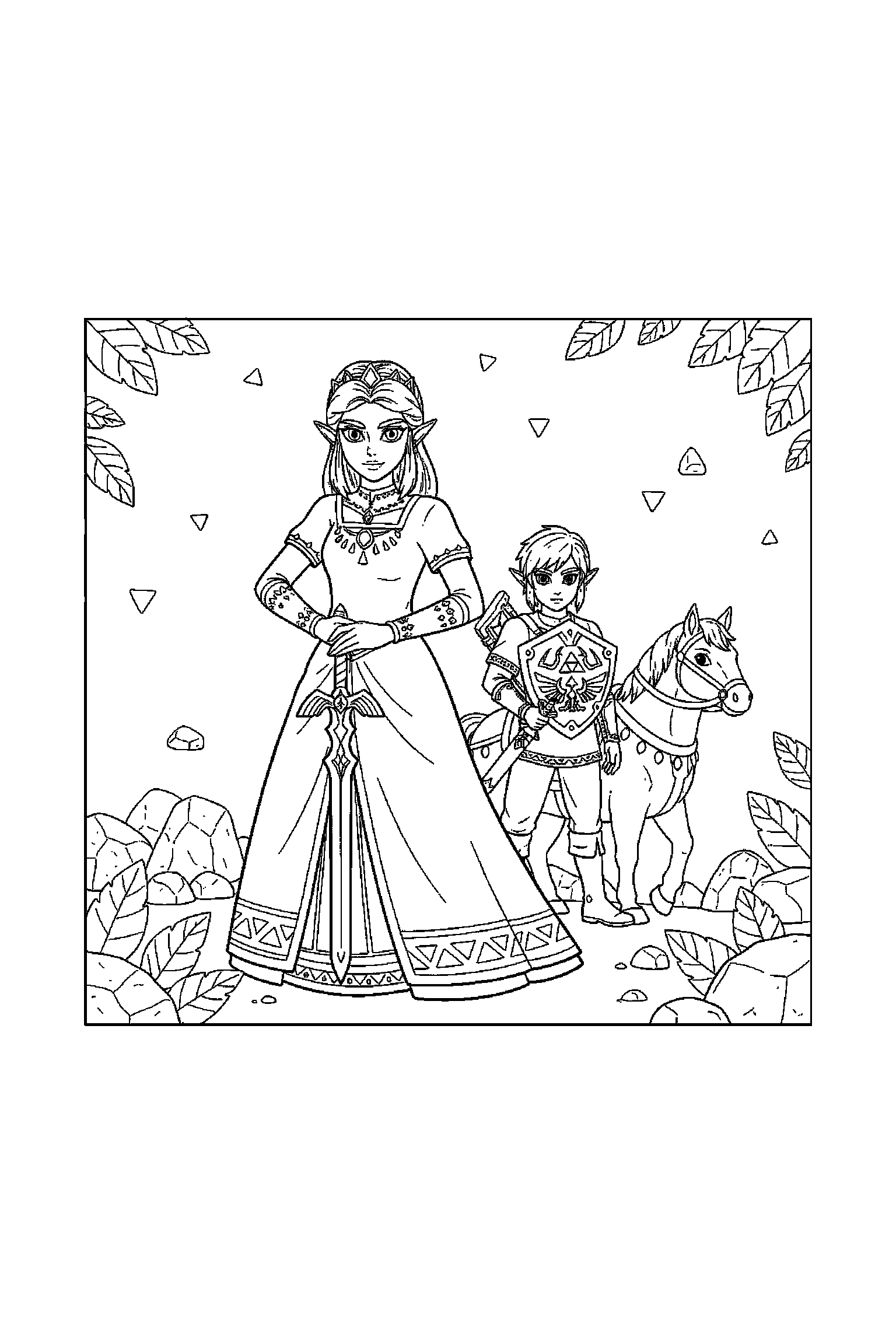 Coloriage Zelda gratuit à imprimer : Zelda qui montre une épée avec un bras bien attaché au corps