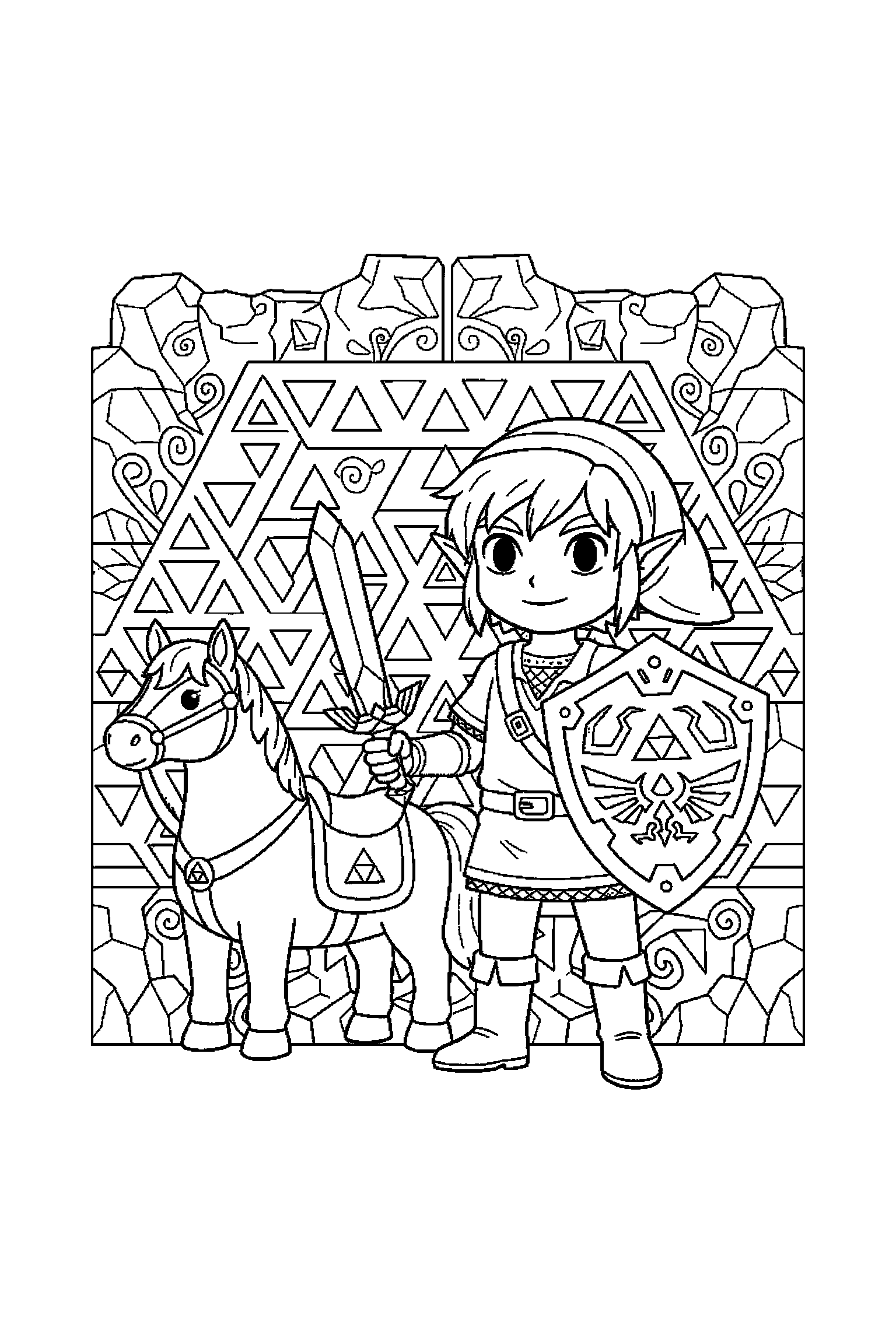 Coloriage Zelda gratuit à imprimer : un héros avec bouclier souriant devant un grand motif pierres anciennes