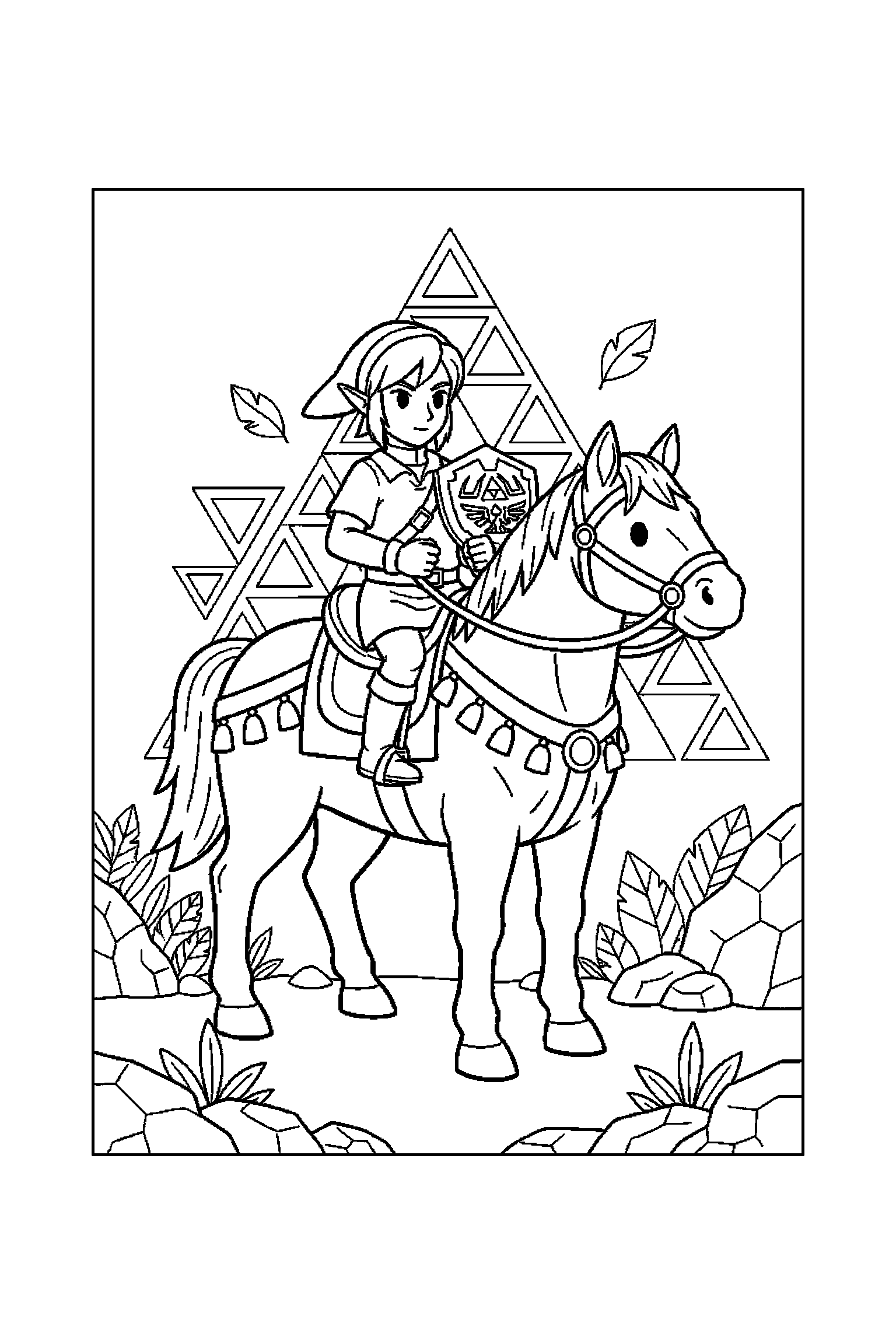 Coloriage Zelda gratuit à imprimer : un cheval d'aventure avec deux mains visibles et simples