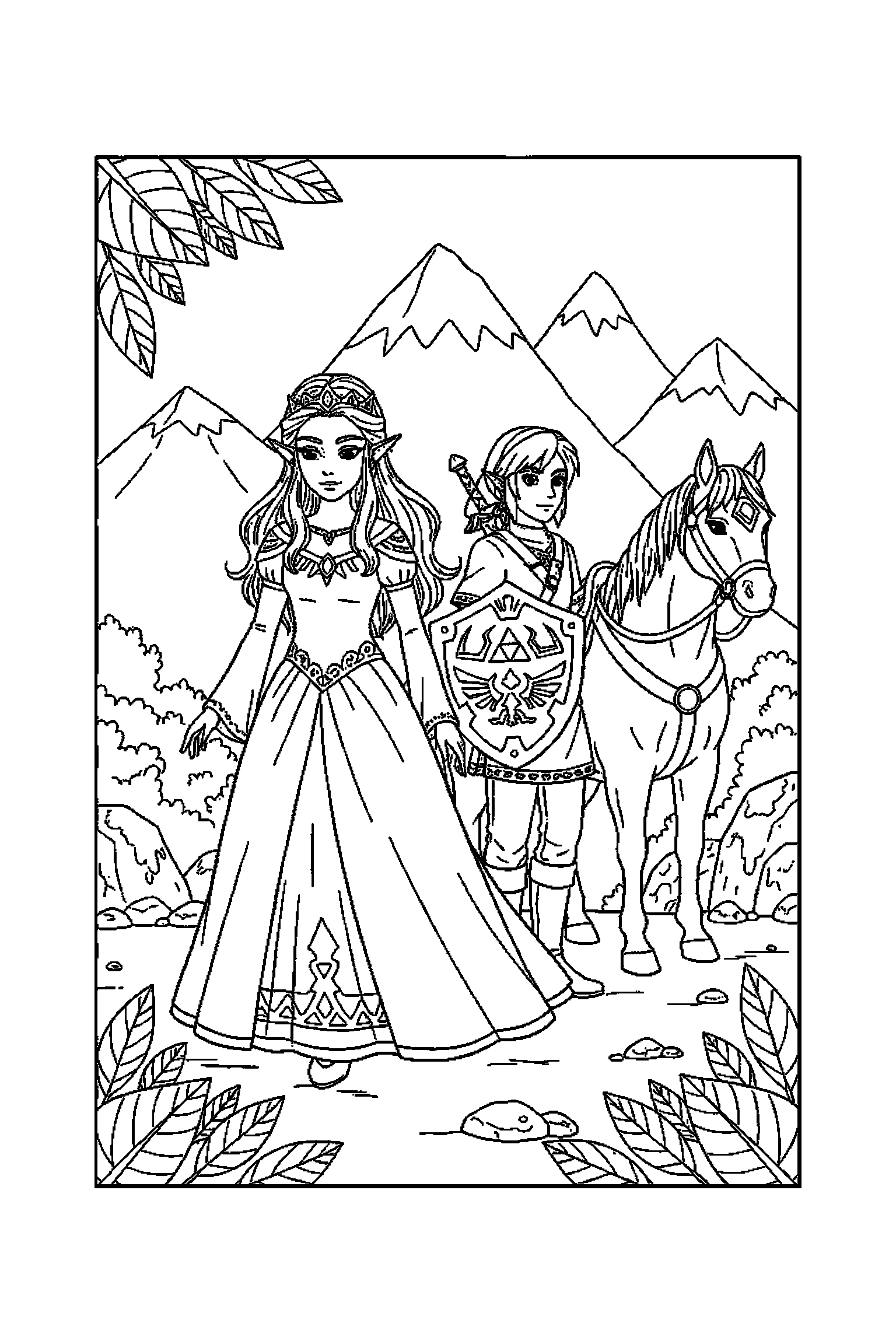Coloriage Zelda gratuit à imprimer : une princesse d'Hyrule qui marche calmement