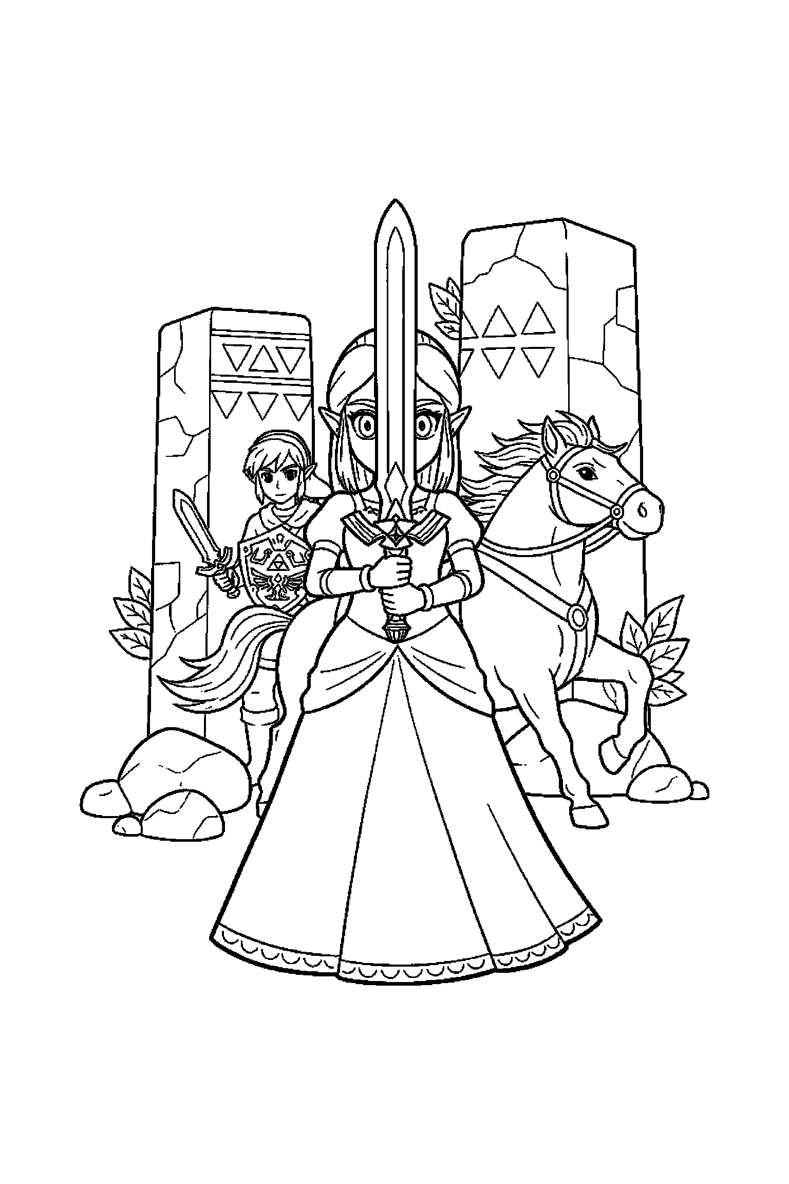 Coloriage Zelda gratuit à imprimer : Zelda tenant une épée devant lui