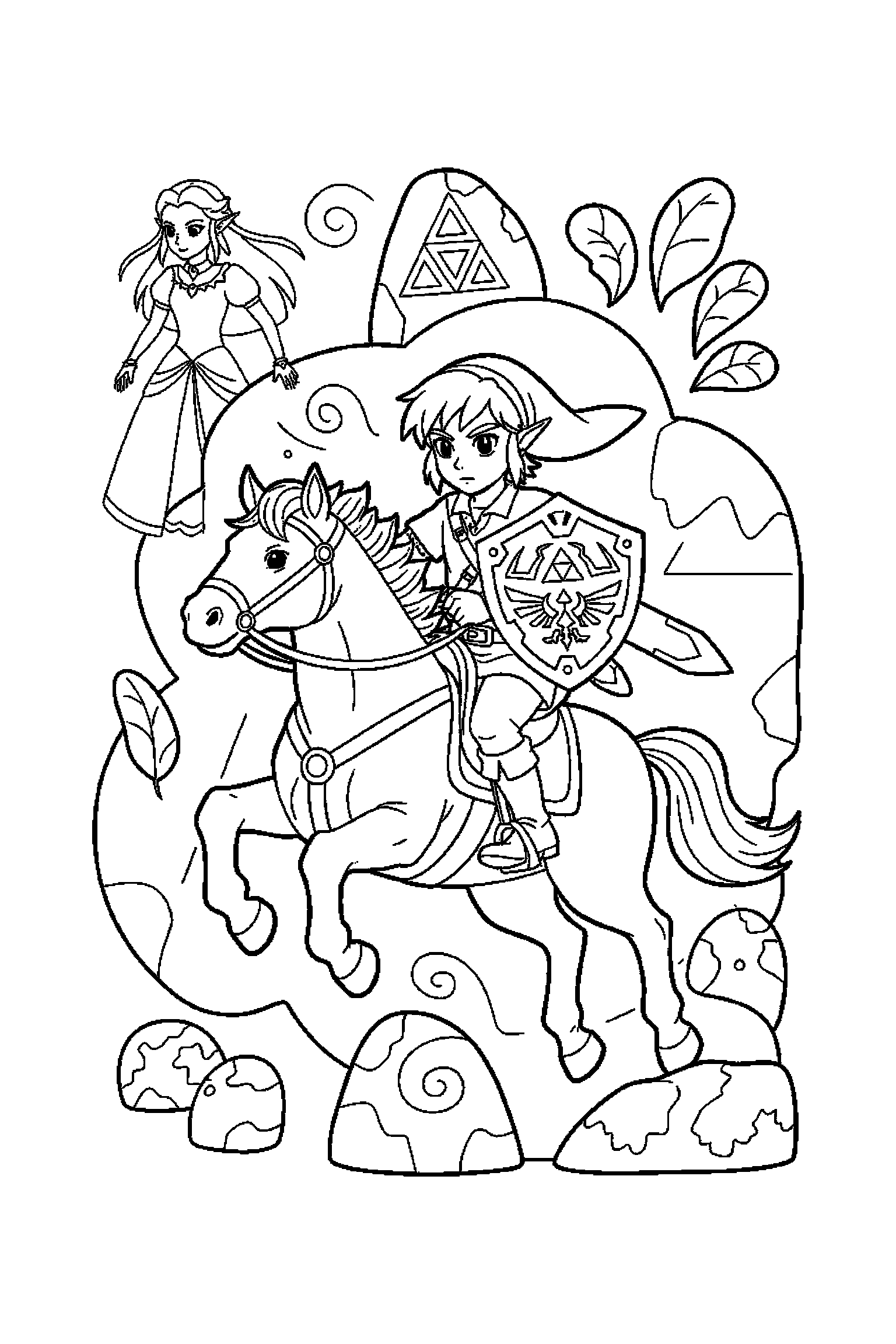 Coloriage Zelda gratuit à imprimer : un héros avec bouclier entouré de grands contours arrondis