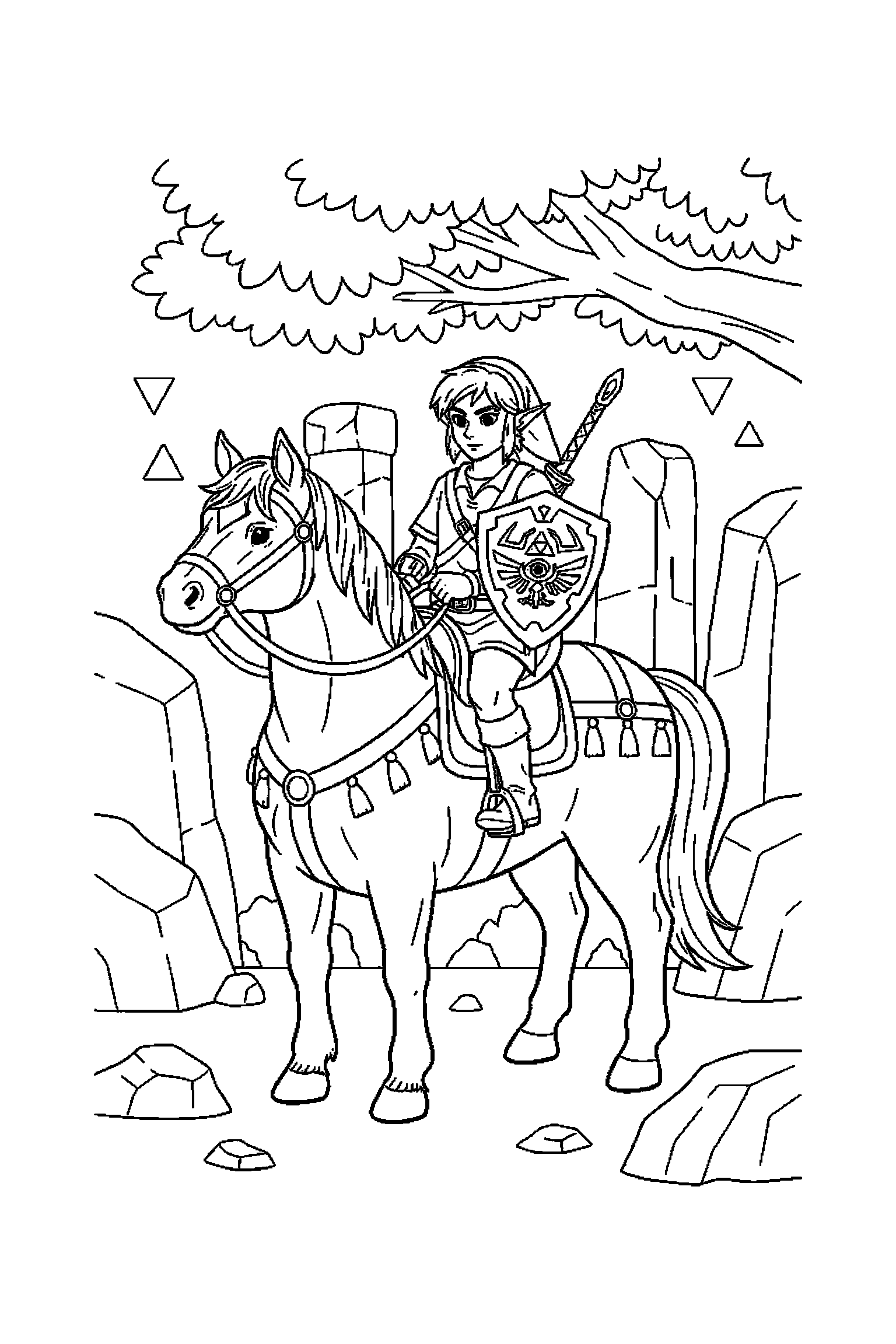 Coloriage Zelda gratuit à imprimer : un cheval d'aventure avec un décor très simple