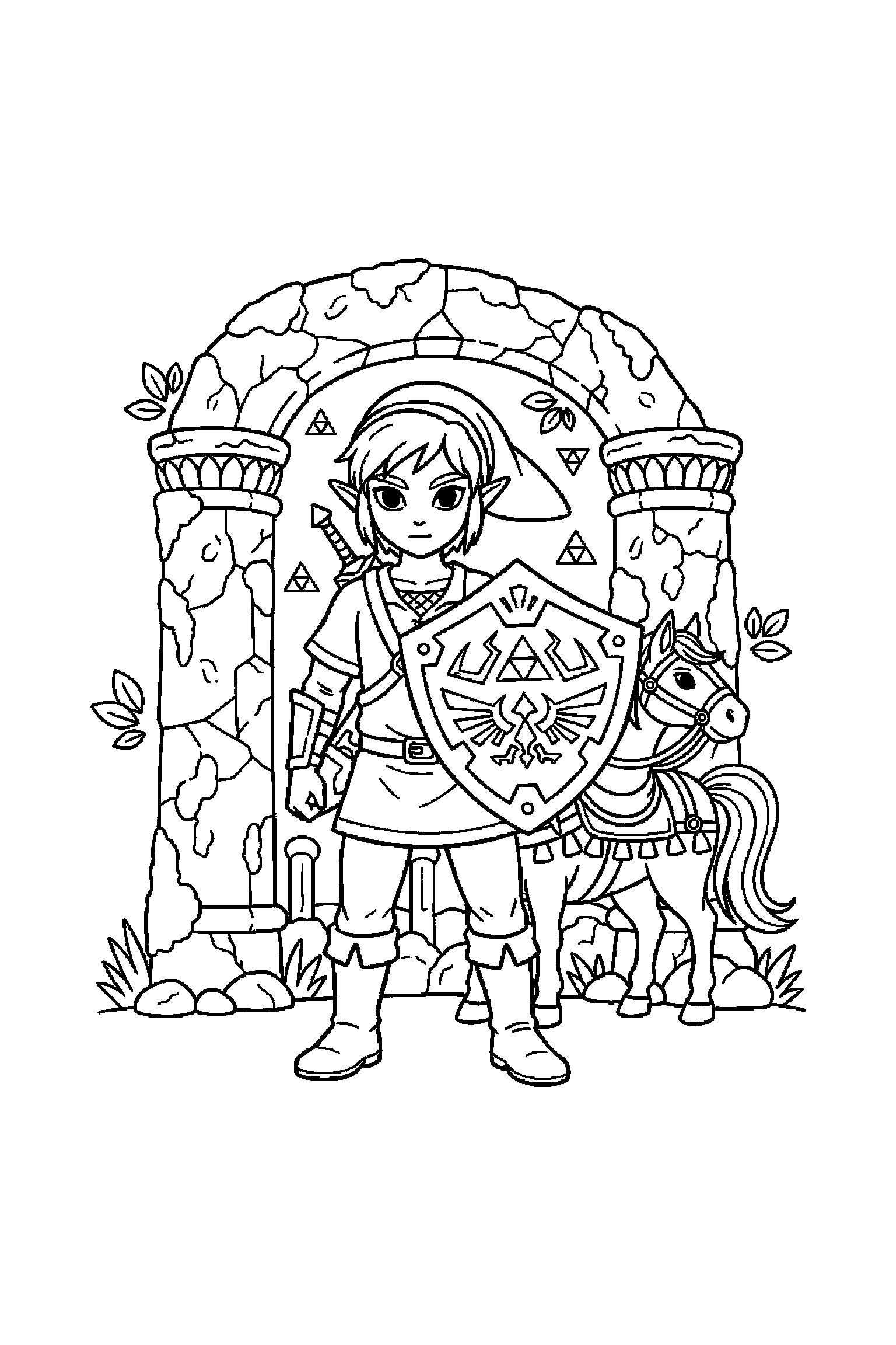 Coloriage Zelda gratuit à imprimer : un héros avec bouclier au centre avec pierres anciennes en arrière-plan