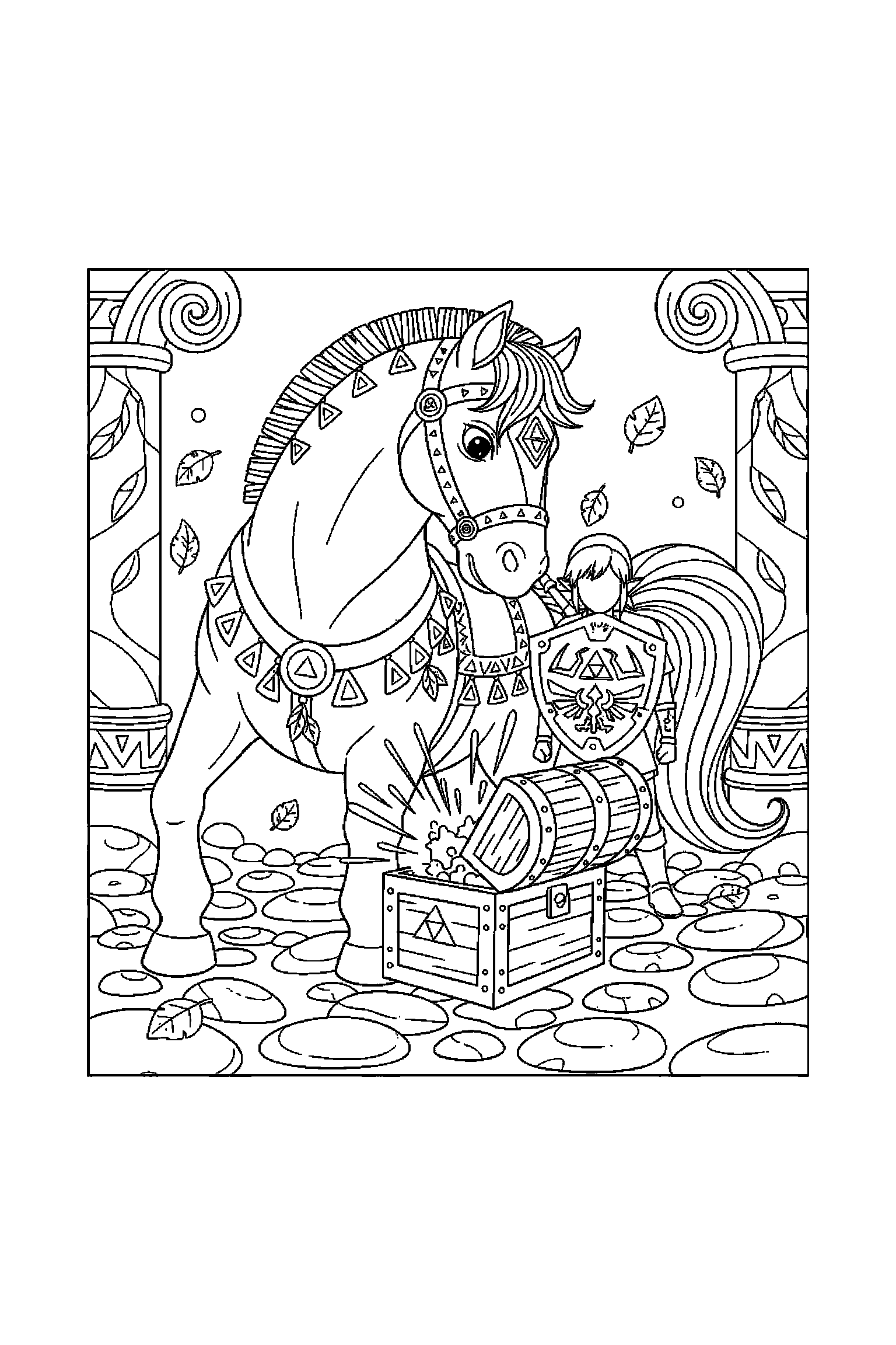 Coloriage Zelda gratuit à imprimer : un cheval d'aventure qui regarde un coffre
