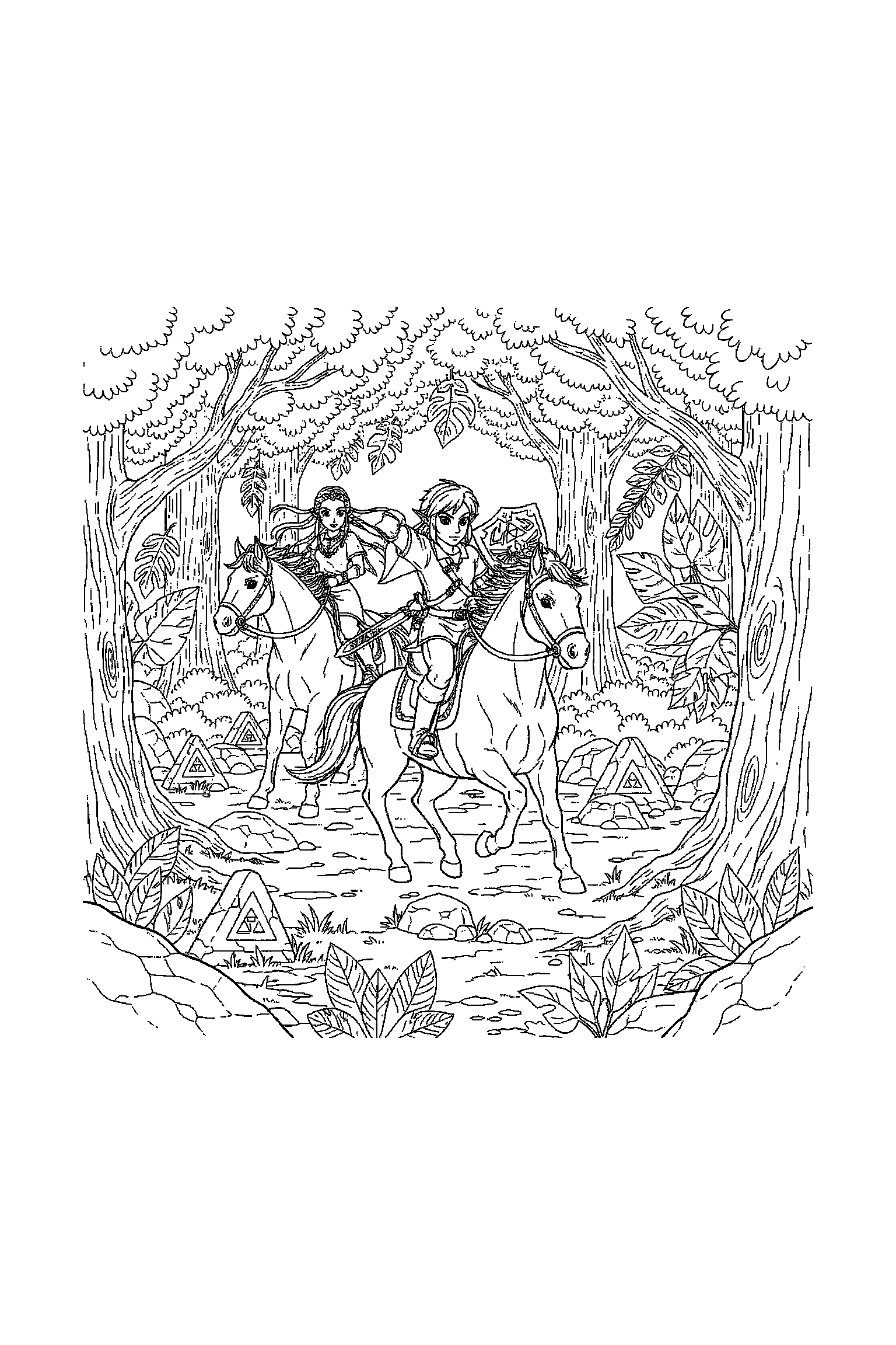 Coloriage Zelda gratuit à imprimer : Link dans une forêt d'Hyrule