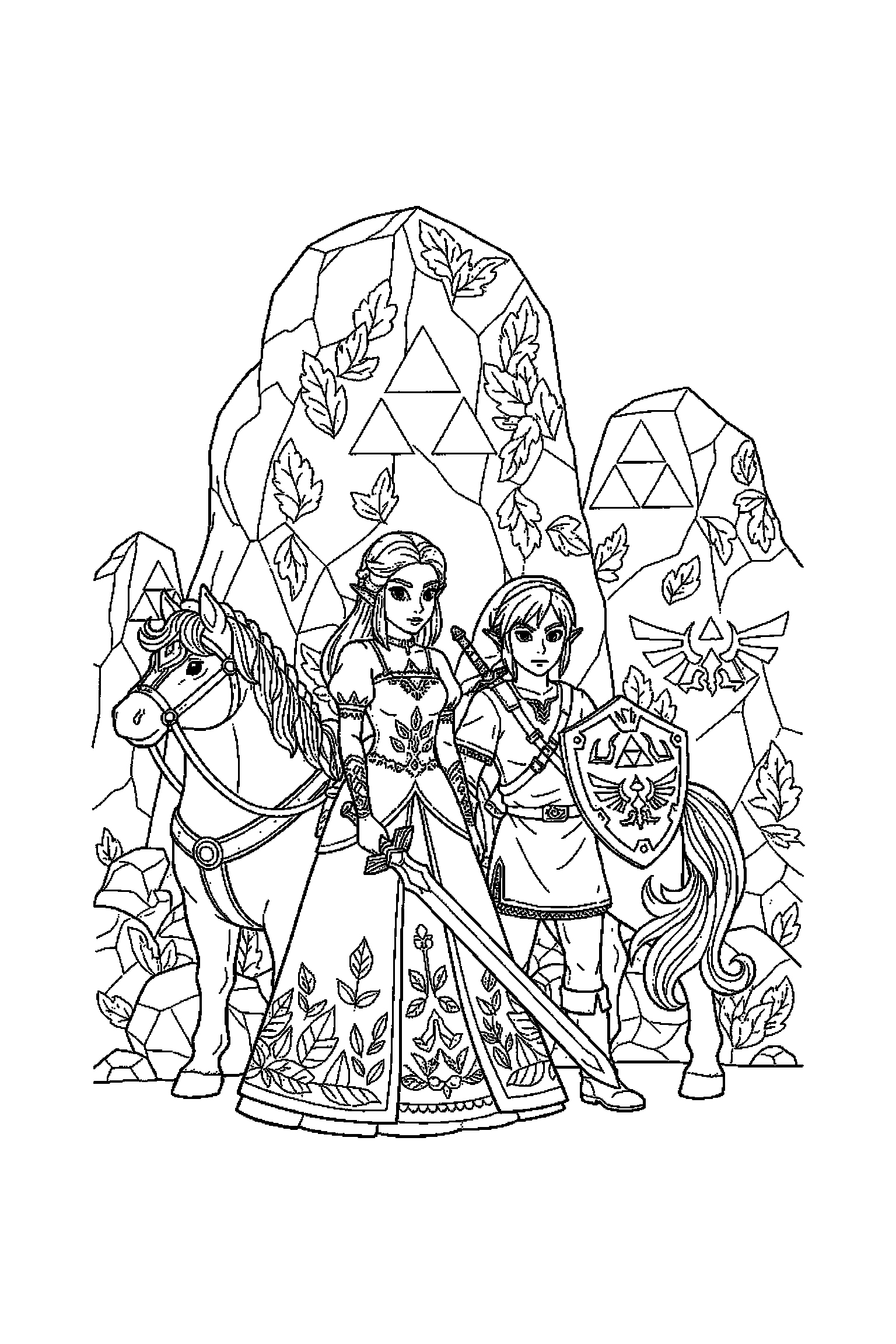 Coloriage Zelda gratuit à imprimer : Zelda avec une épée et des motifs feuilles