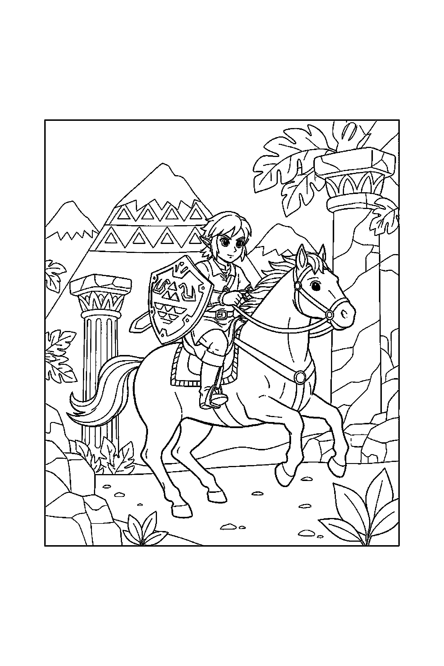 Coloriage Zelda gratuit à imprimer : un héros avec bouclier en petite scène d'aventure