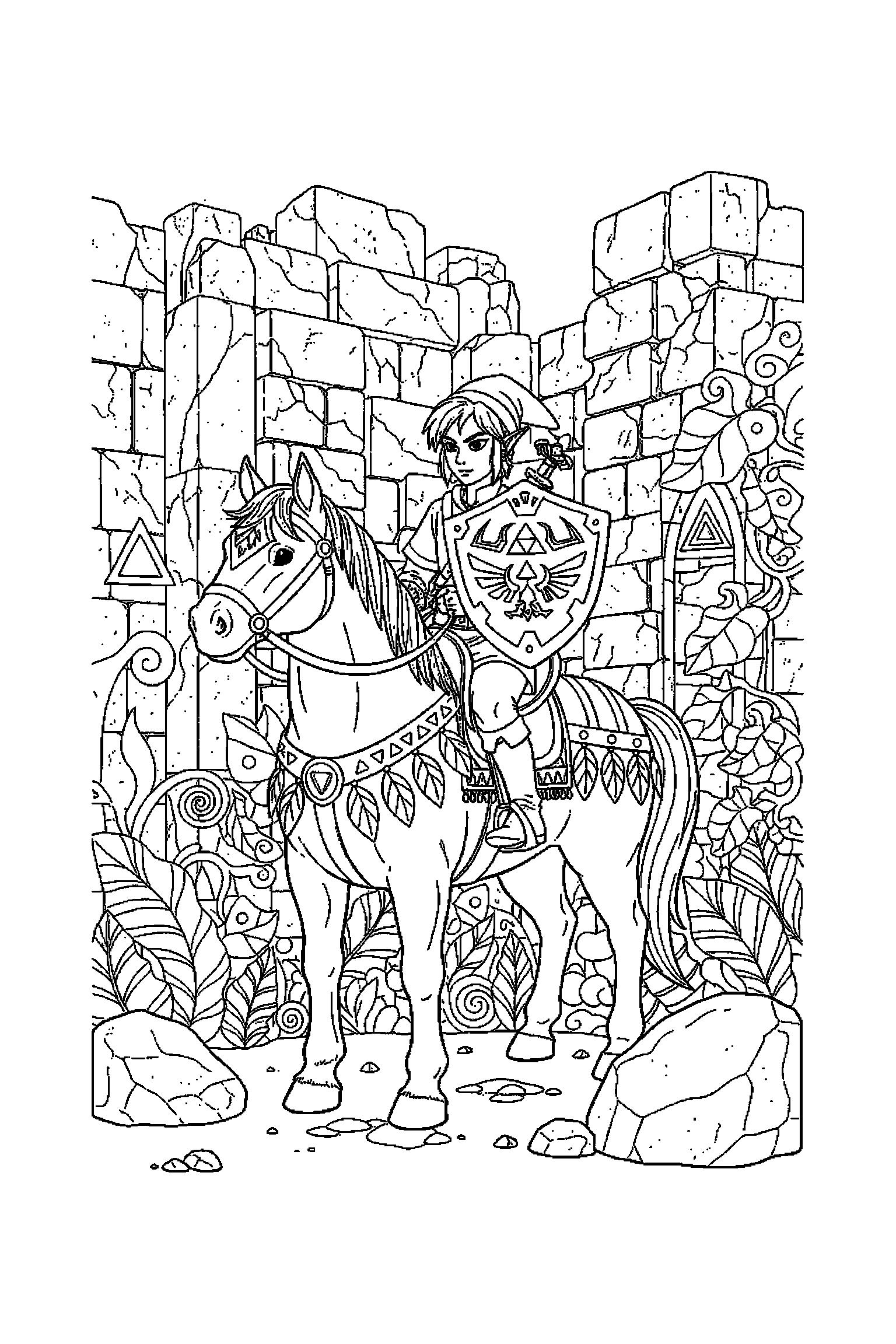 Coloriage Zelda gratuit à imprimer : un cheval d'aventure avec un décor d'arrière-plan