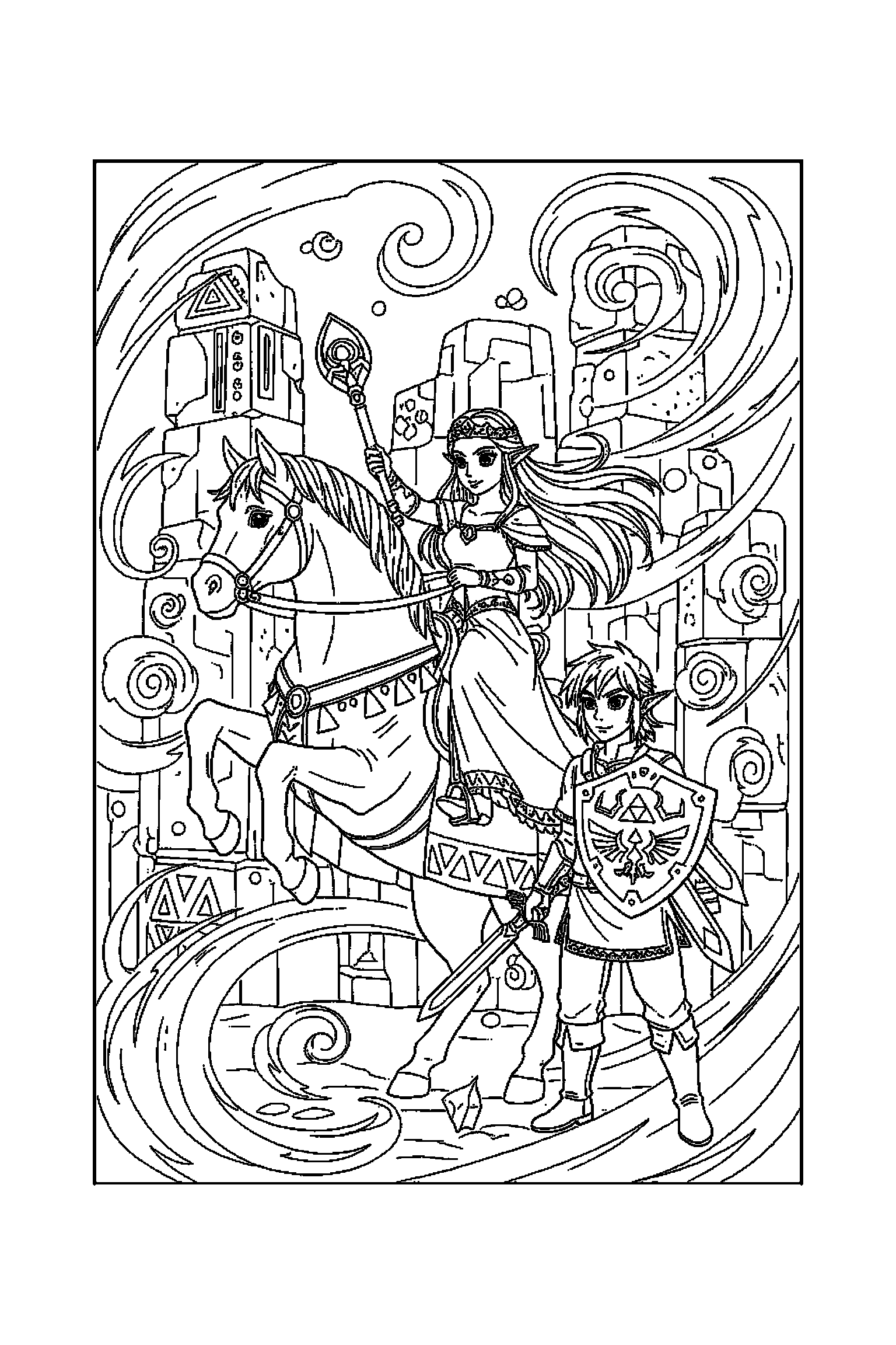 Coloriage Zelda gratuit à imprimer : une princesse d'Hyrule avec deux accessoires à colorier