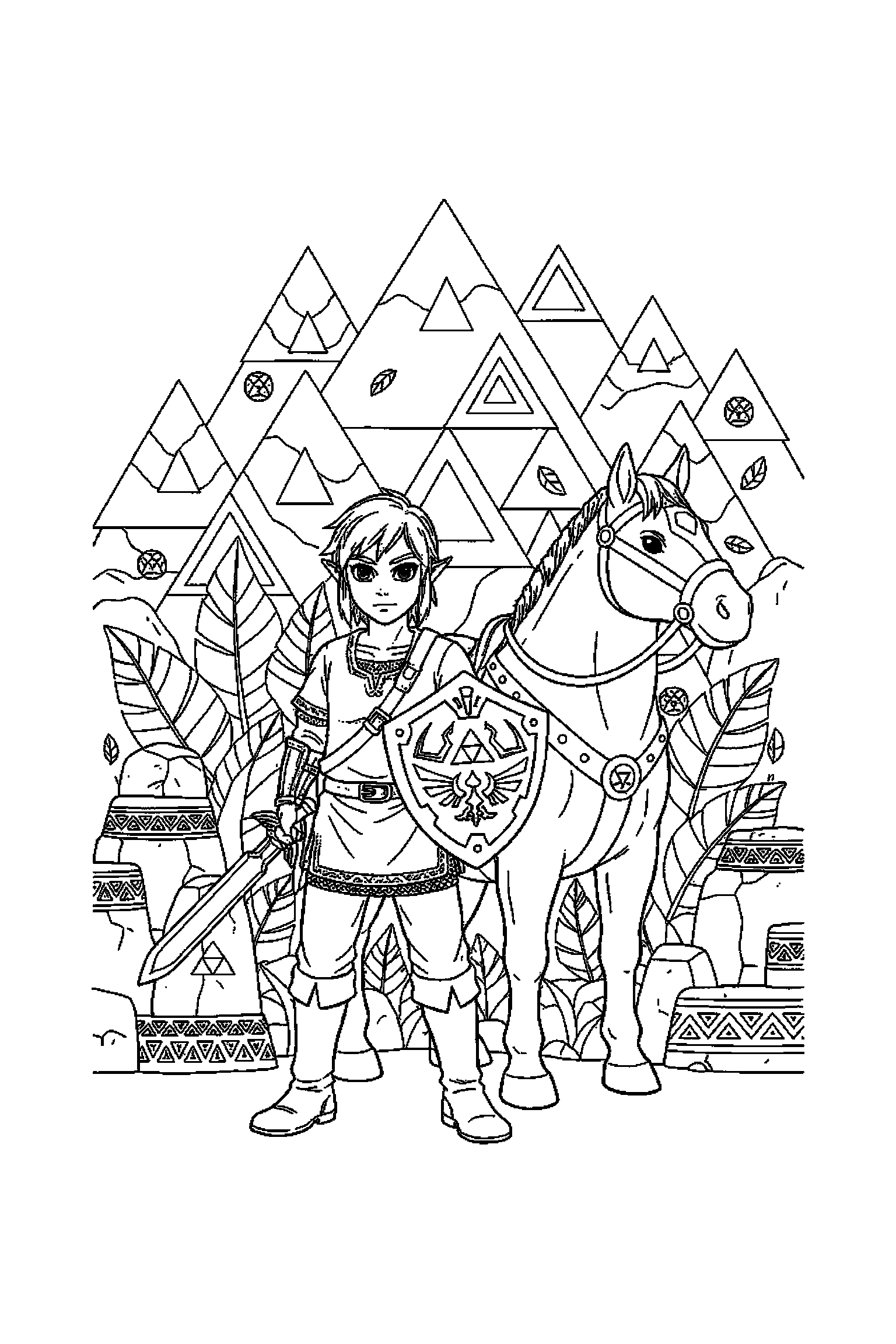 Coloriage Zelda gratuit à imprimer : Link devant un fond décoré avec triangles
