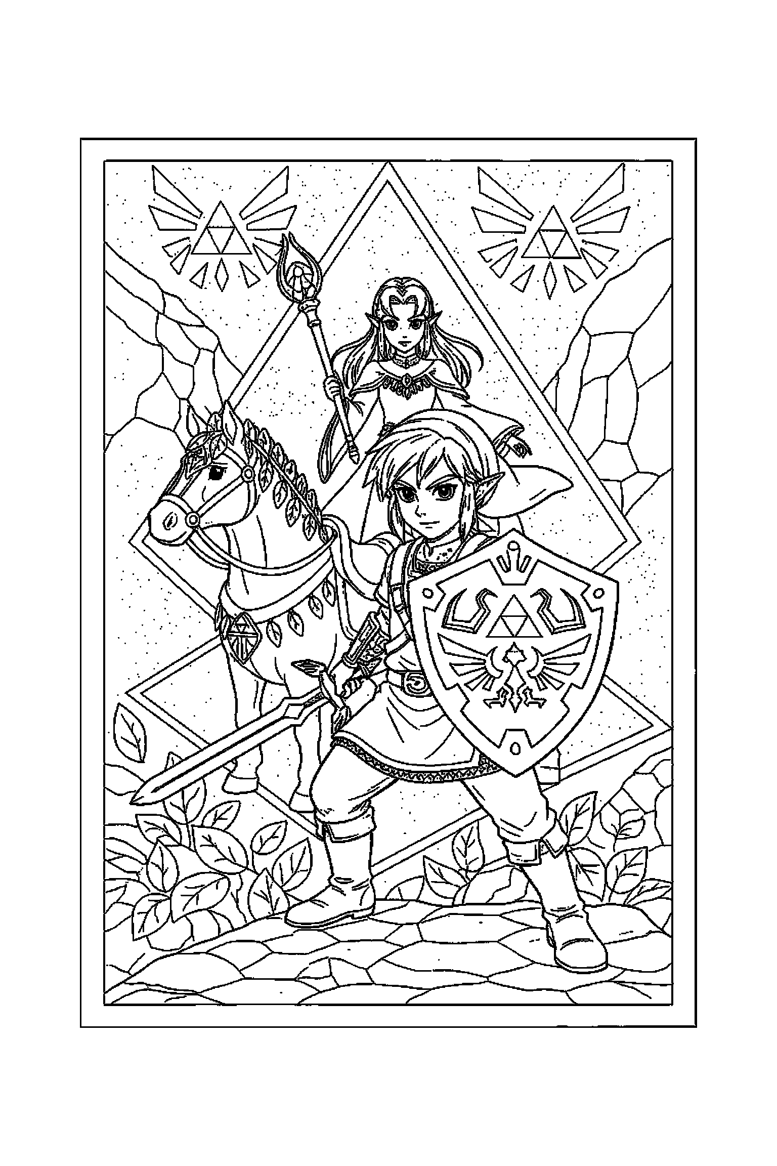 Coloriage Zelda gratuit à imprimer : un héros avec bouclier entouré par des motifs pierres anciennes