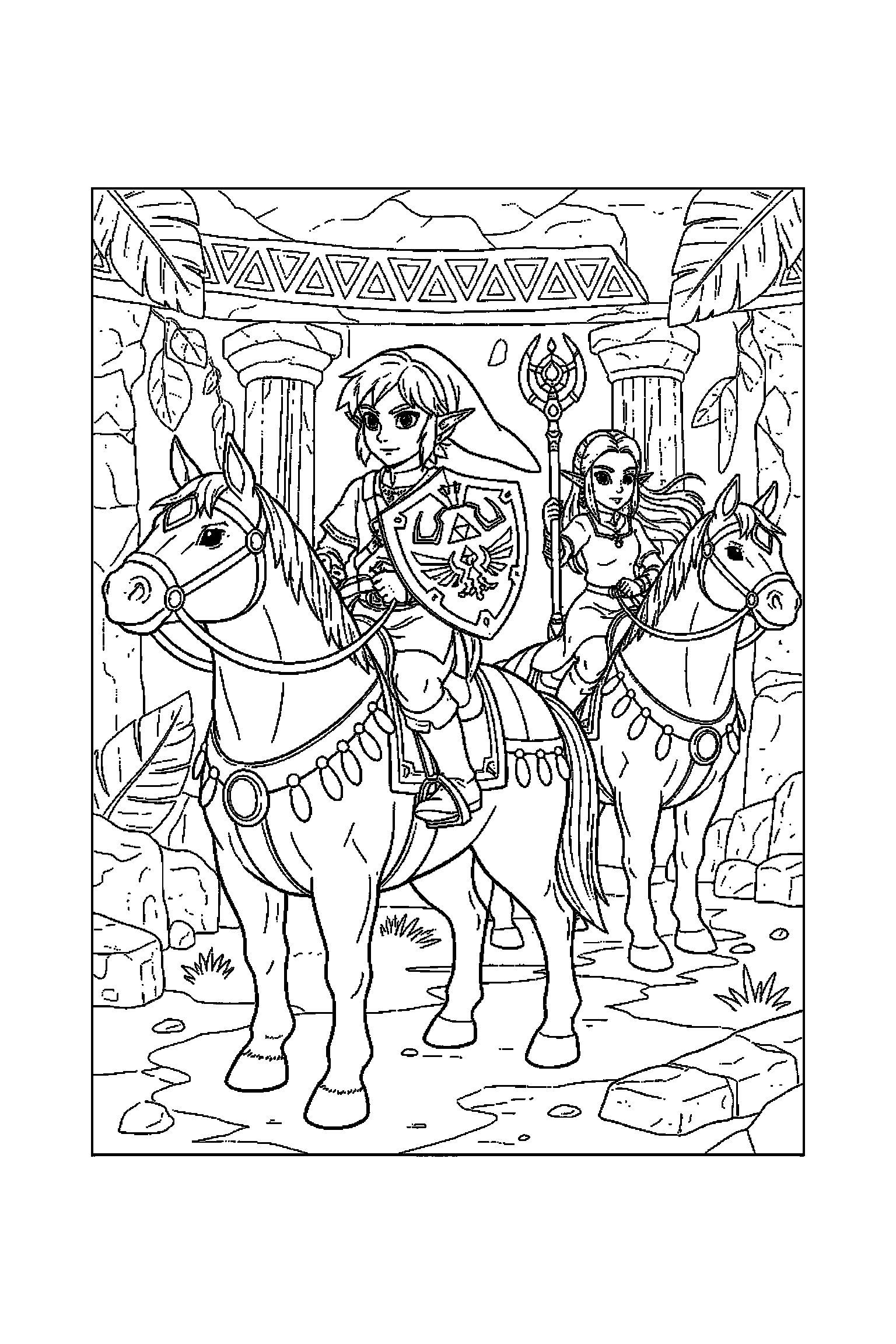 Coloriage Zelda gratuit à imprimer : un cheval d'aventure avec un autre personnage de son univers