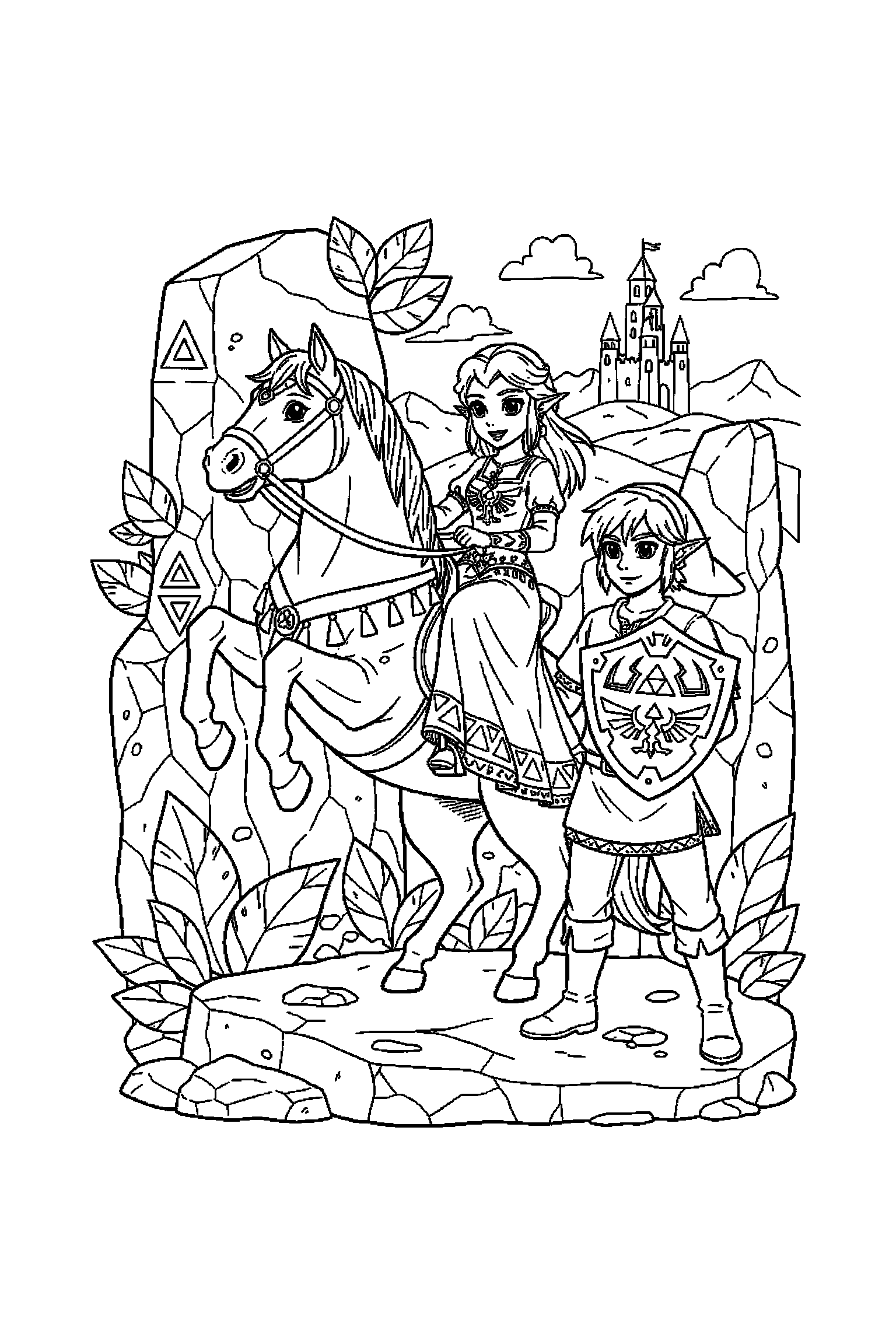 Coloriage Zelda gratuit à imprimer : une princesse d'Hyrule dans une scène joyeuse