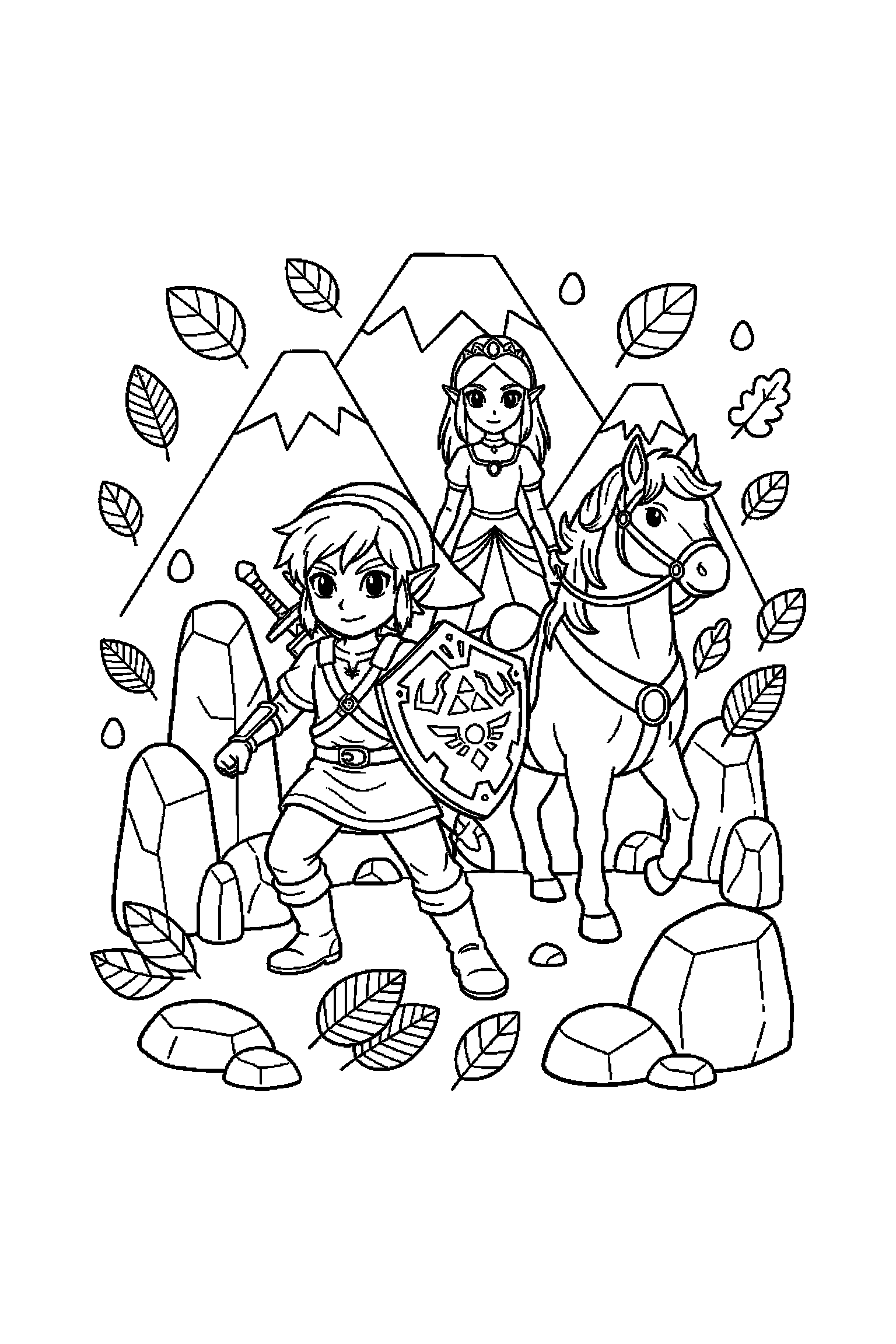 Coloriage Zelda gratuit à imprimer : Link au milieu de grands éléments faciles