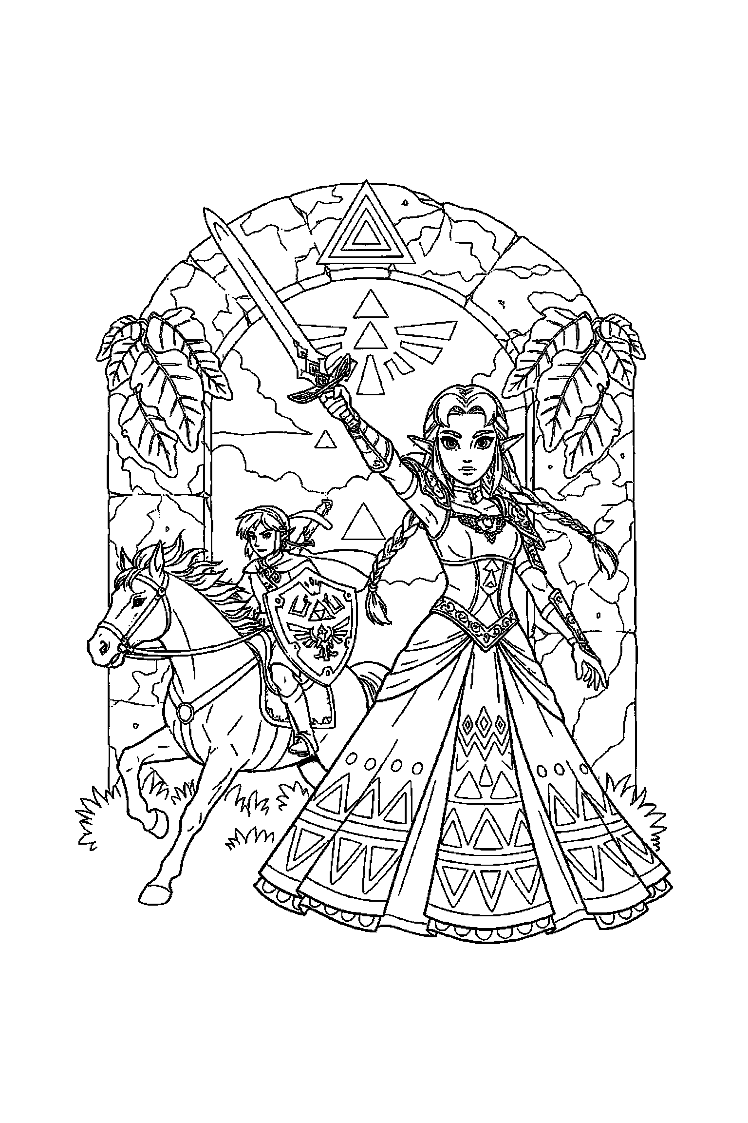 Coloriage Zelda gratuit à imprimer : Zelda avec une épée sur un fond clair