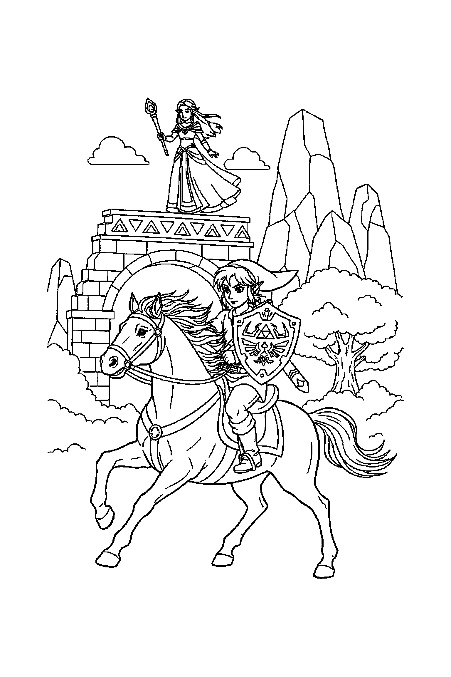 Coloriage Zelda gratuit à imprimer : un héros avec bouclier en mouvement avec des lignes simples