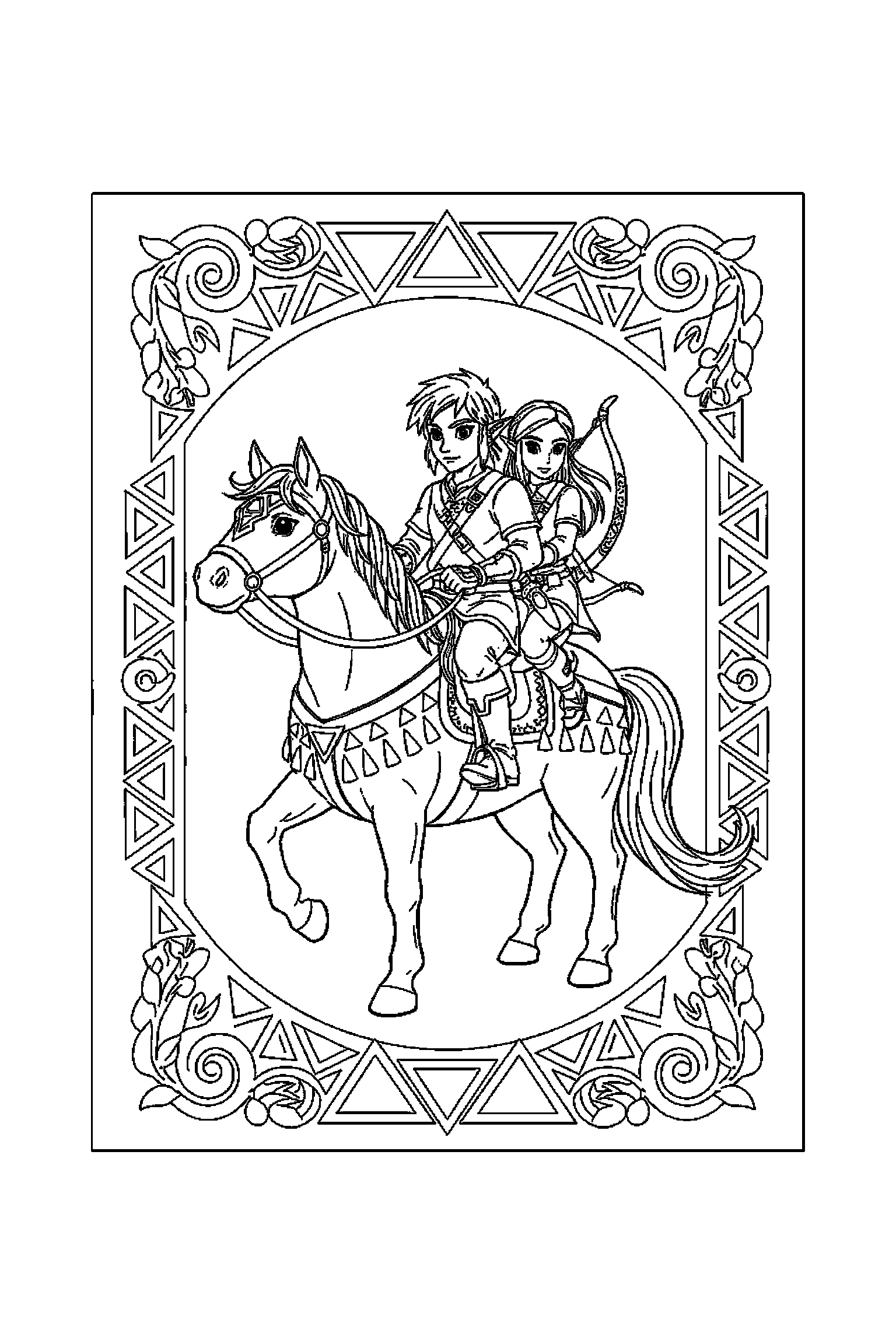 Coloriage Zelda gratuit à imprimer : un cheval d'aventure dans un cadre décoratif léger