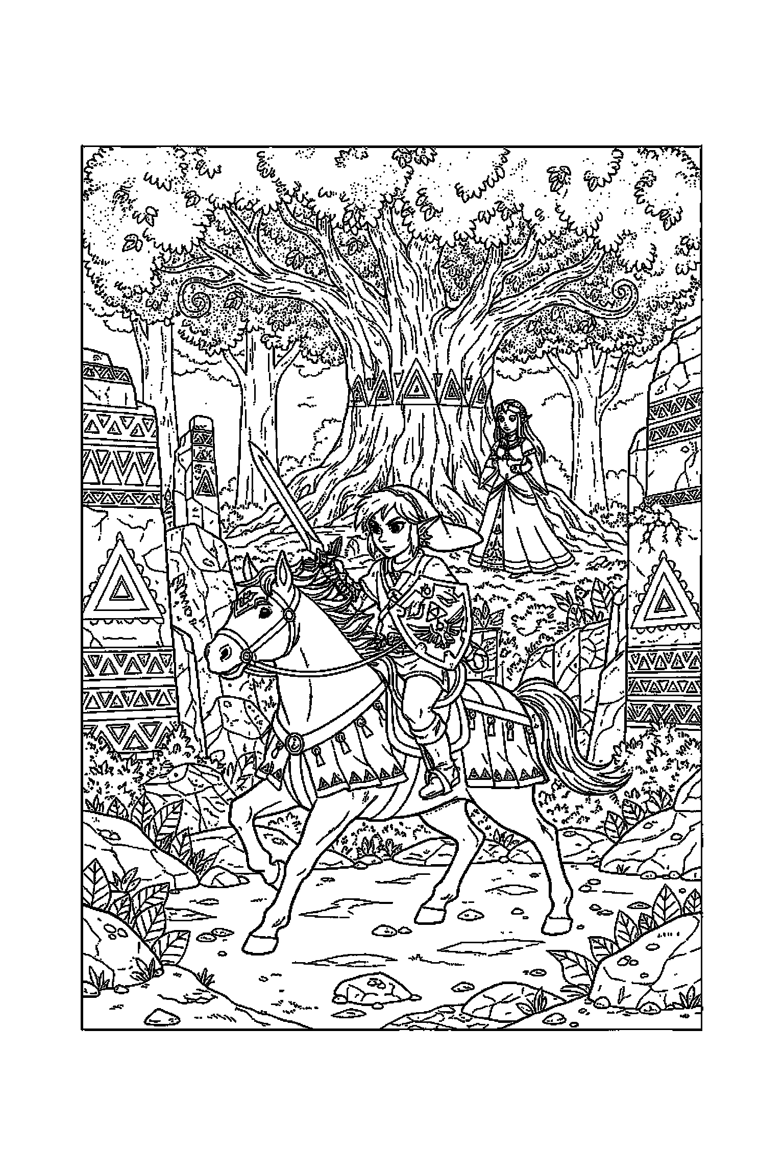 Coloriage Zelda gratuit à imprimer : Link dans une forêt d'Hyrule avec plusieurs détails