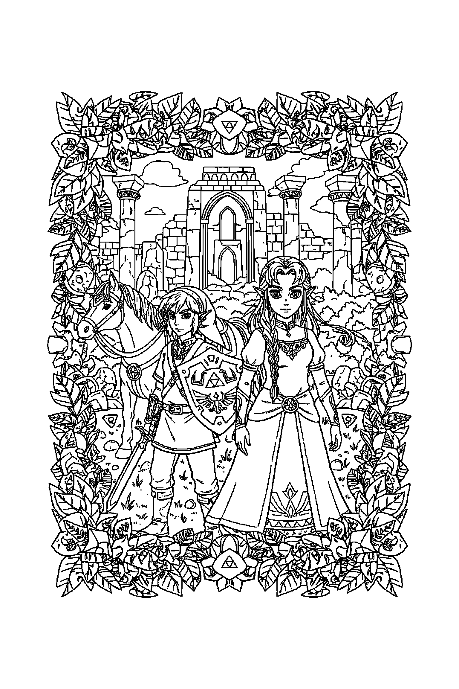 Coloriage Zelda gratuit à imprimer : Zelda entouré par des motifs feuilles et de petits objets