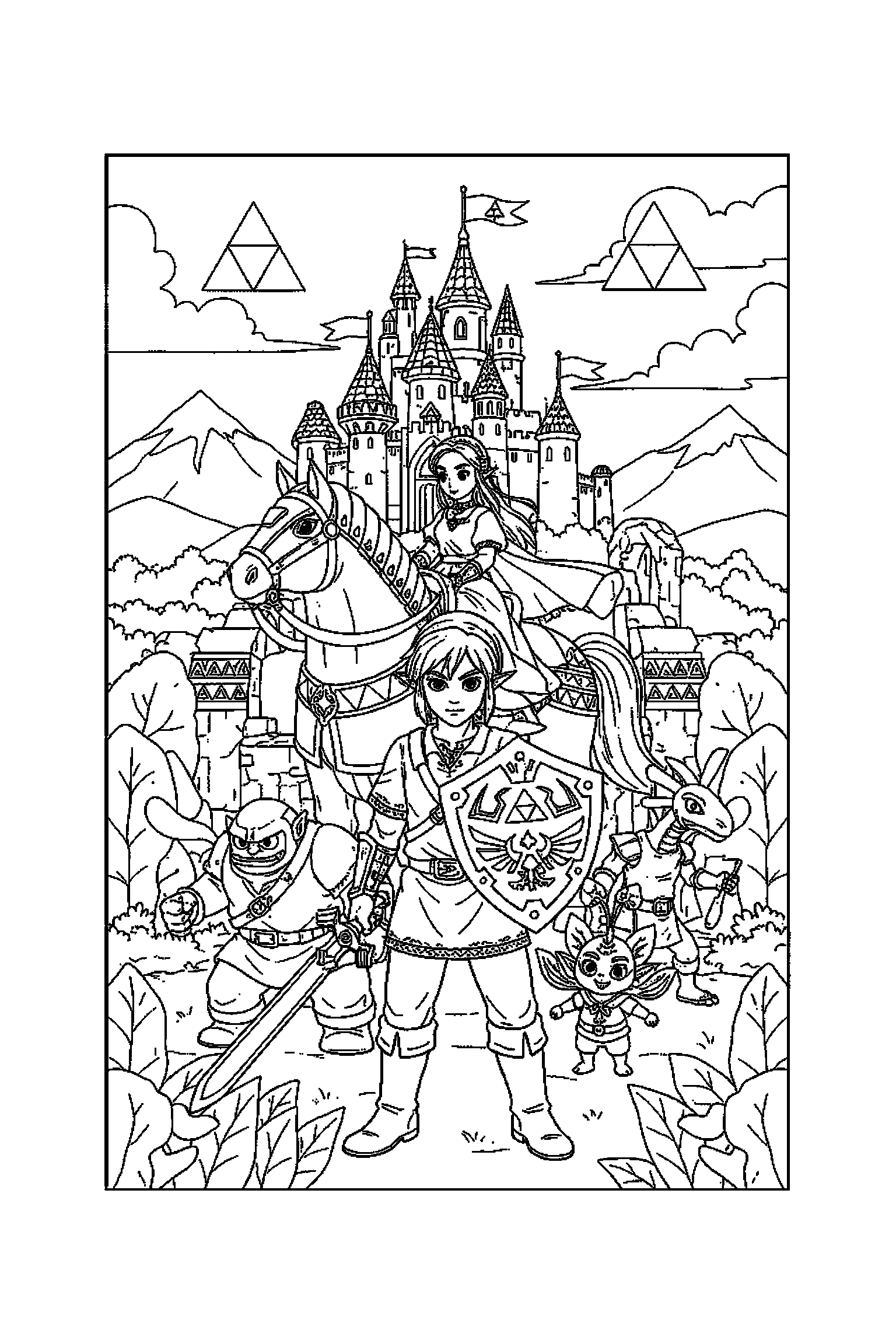 Coloriage Zelda gratuit à imprimer : scène verticale avec un héros avec bouclier et les héros d'Hyrule