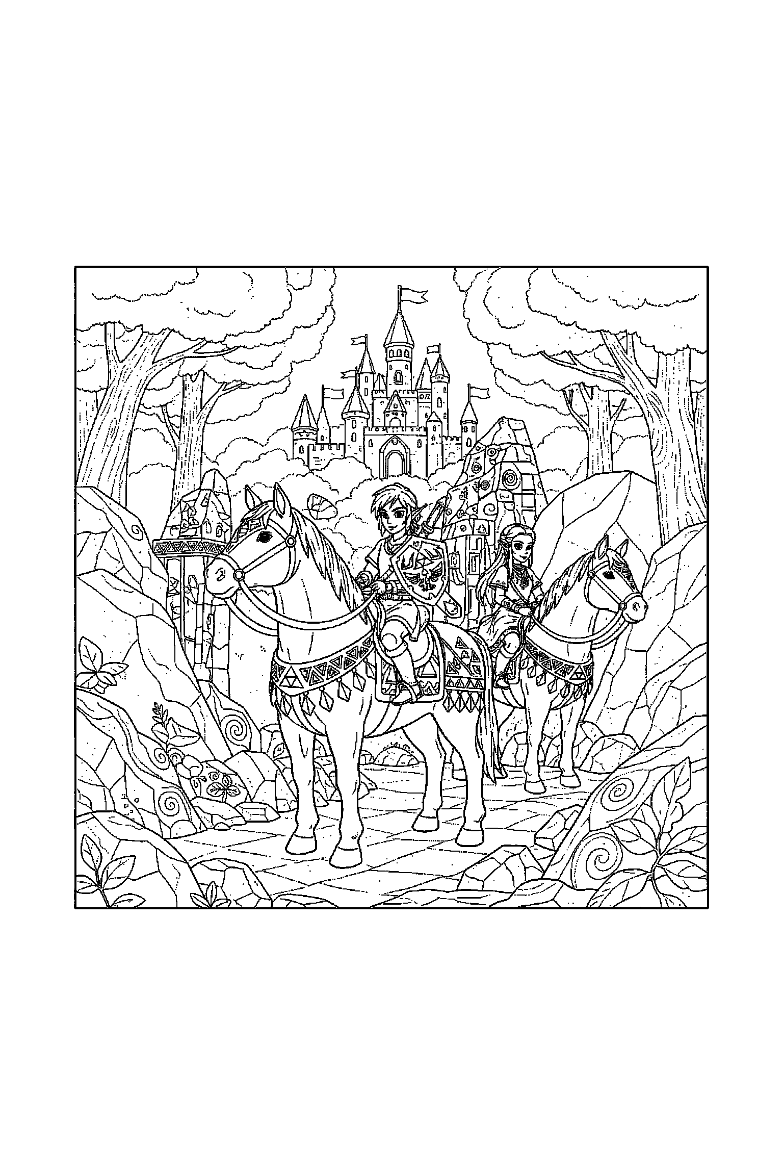 Coloriage Zelda gratuit à imprimer : un cheval d'aventure au centre d'un décor riche mais lisible