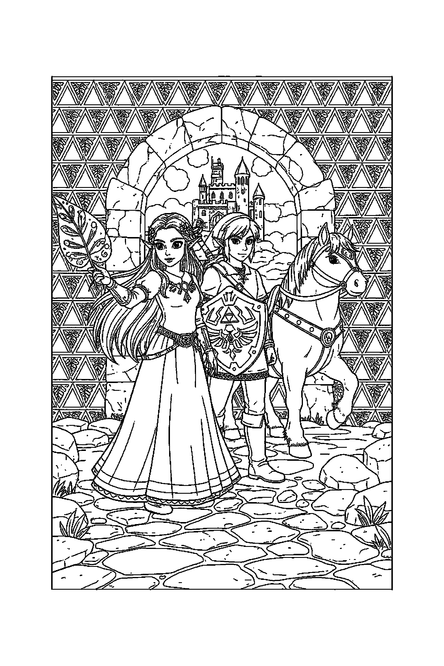 Coloriage Zelda gratuit à imprimer : une princesse d'Hyrule avec une feuille, spirales et arrière-plan complet