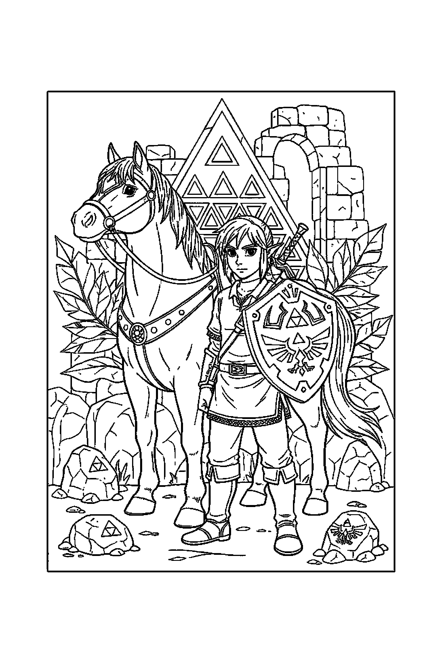 Coloriage Zelda gratuit à imprimer : Link dans une petite scène avec un bouclier