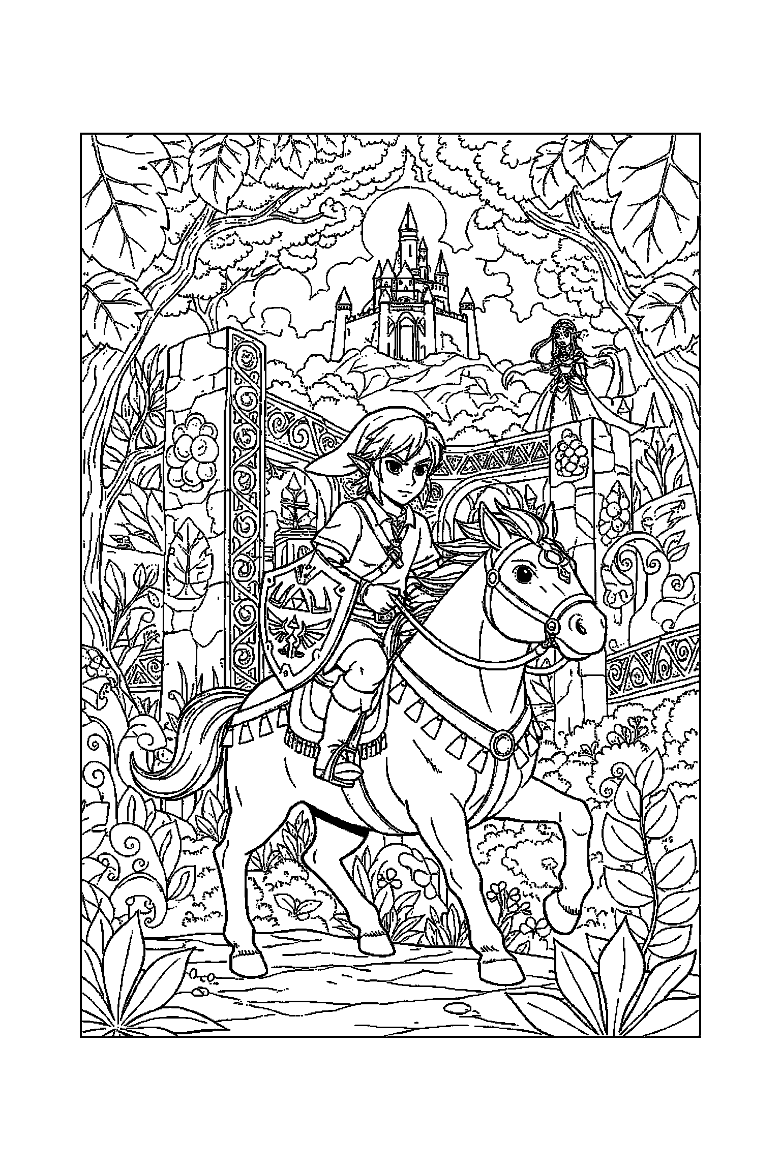 Coloriage Zelda gratuit à imprimer : Link avec décor détaillé de une forêt d'Hyrule