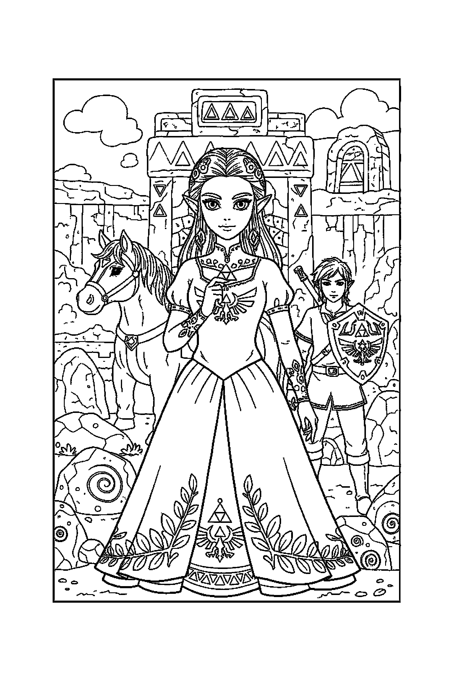 Coloriage Zelda gratuit à imprimer : portrait détaillé de Zelda avec motifs feuilles