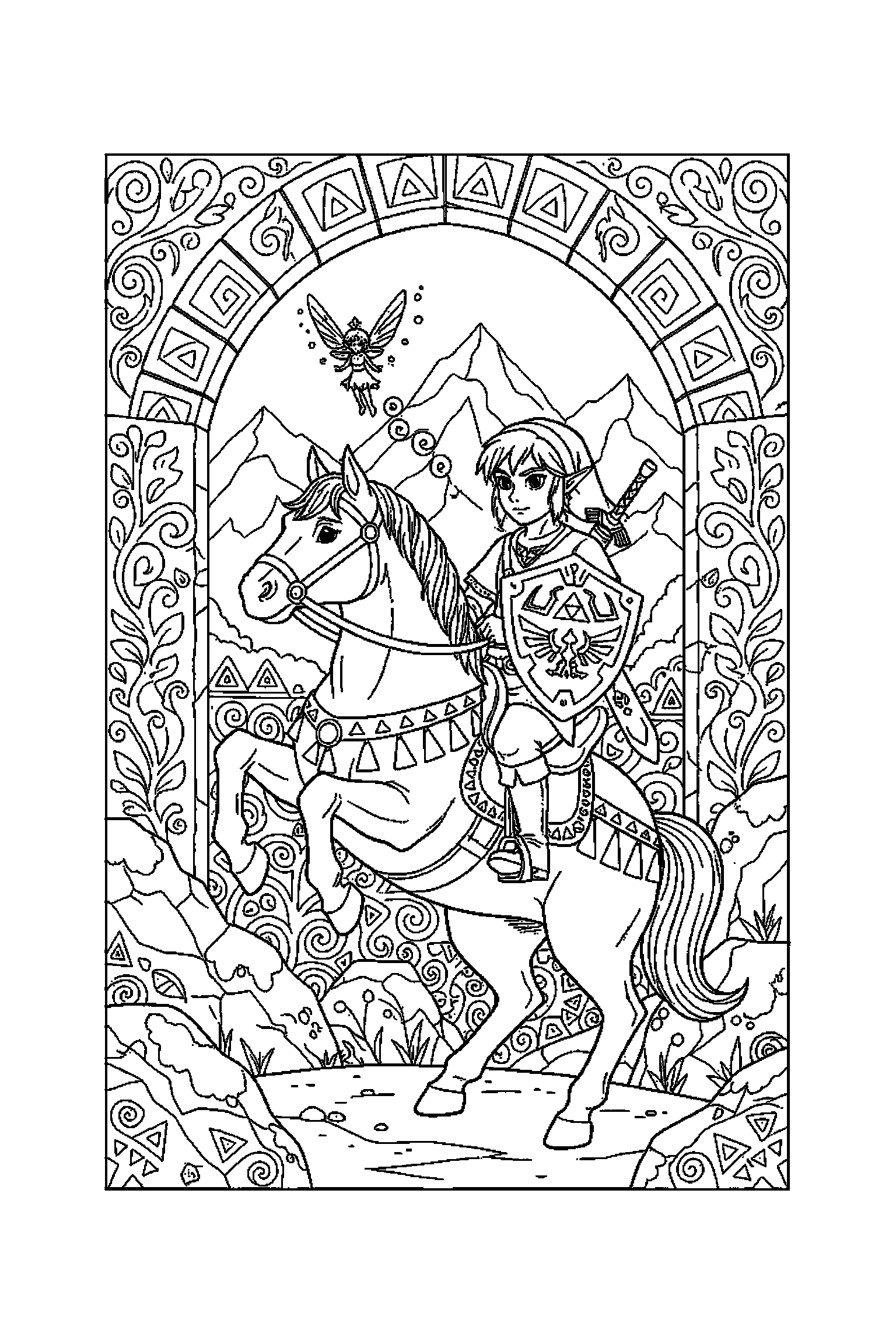 Coloriage Zelda gratuit à imprimer : un héros avec bouclier dans une scène verticale avec une fée