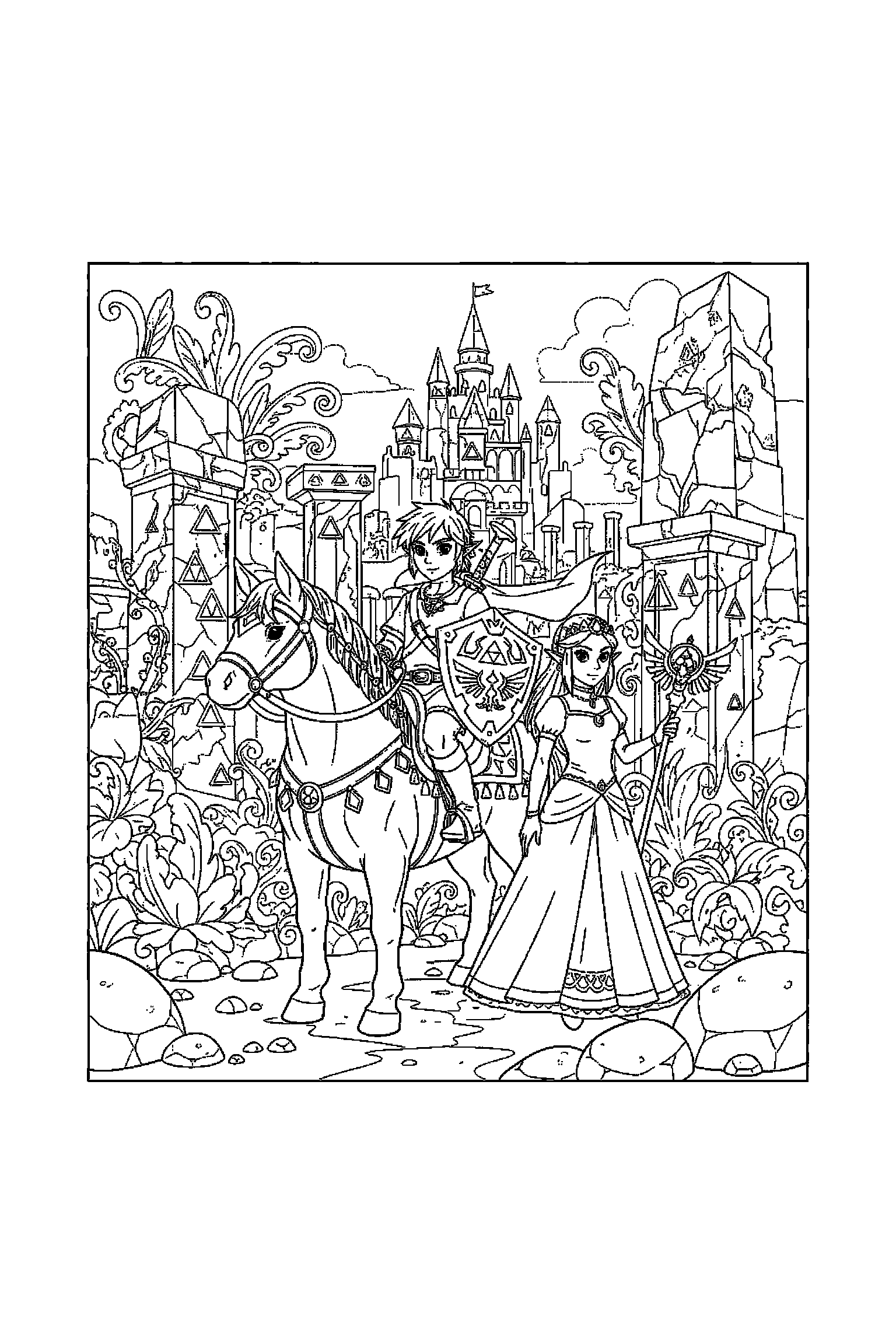 Coloriage Zelda gratuit à imprimer : les héros d'Hyrule avec arrière-plan complet à colorier