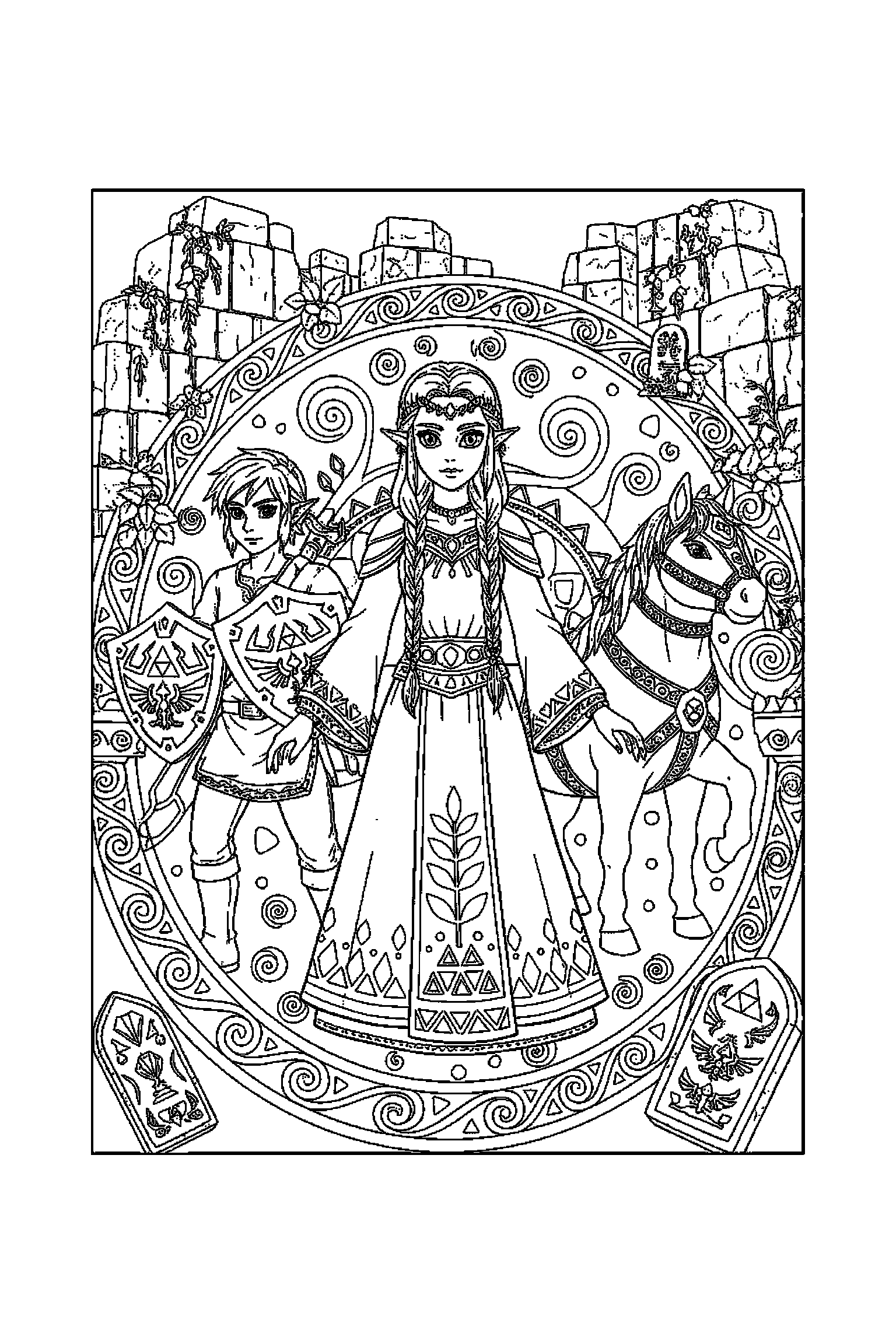Coloriage Zelda gratuit à imprimer : une princesse d'Hyrule entouré de spirales et petits détails