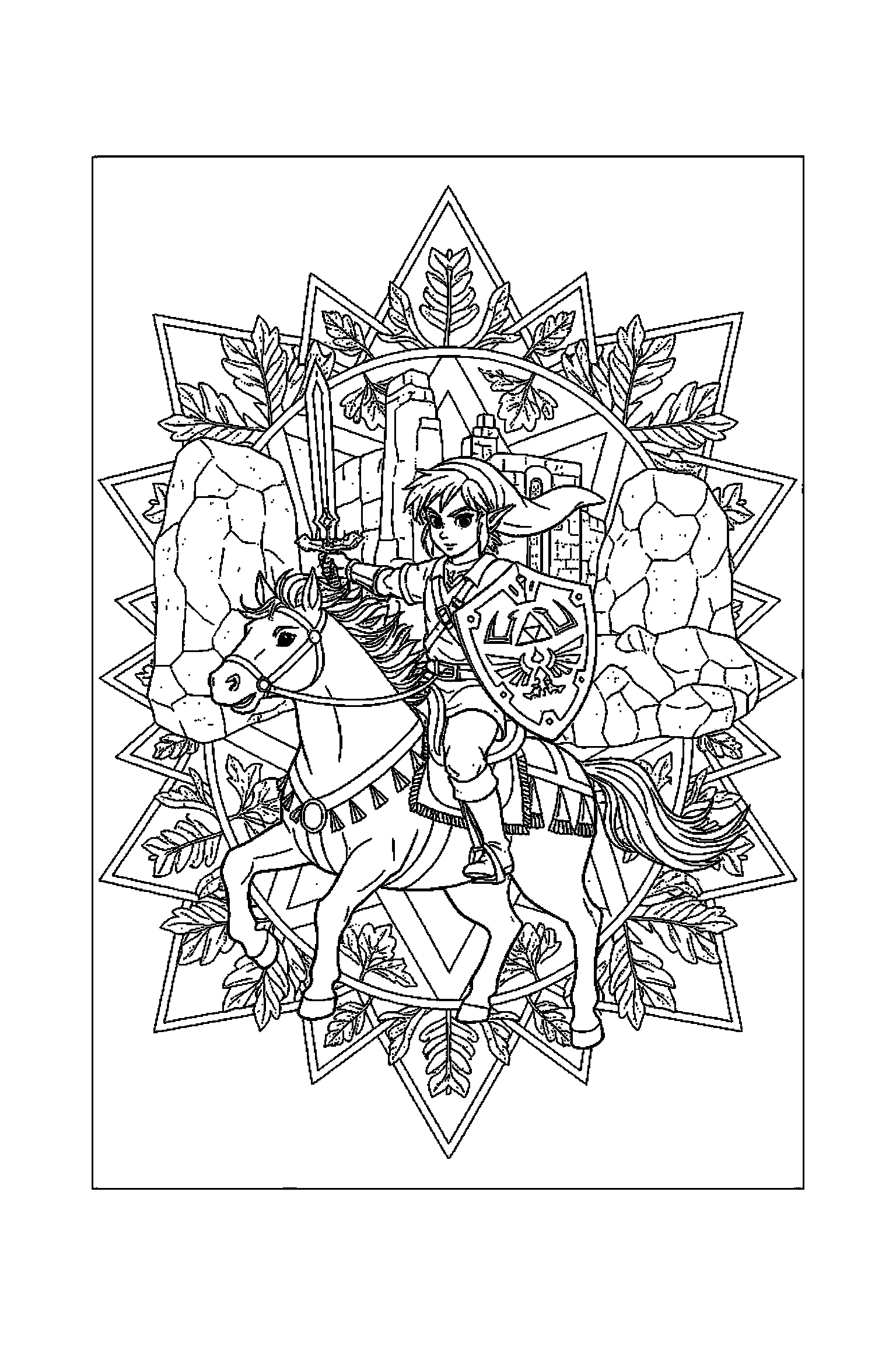 Coloriage Zelda gratuit à imprimer : poster A4 détaillé de Link avec mandala triangles