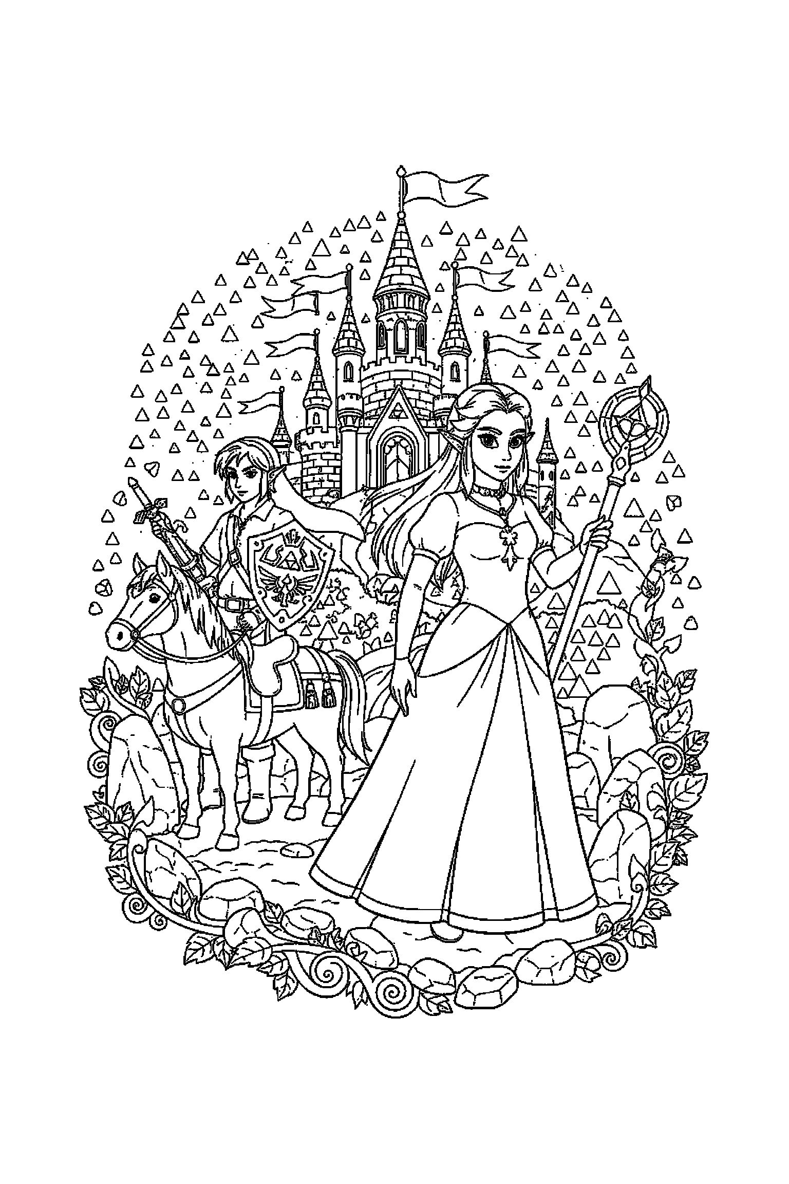 Coloriage Zelda gratuit à imprimer : Zelda au centre avec scène détaillée de un château