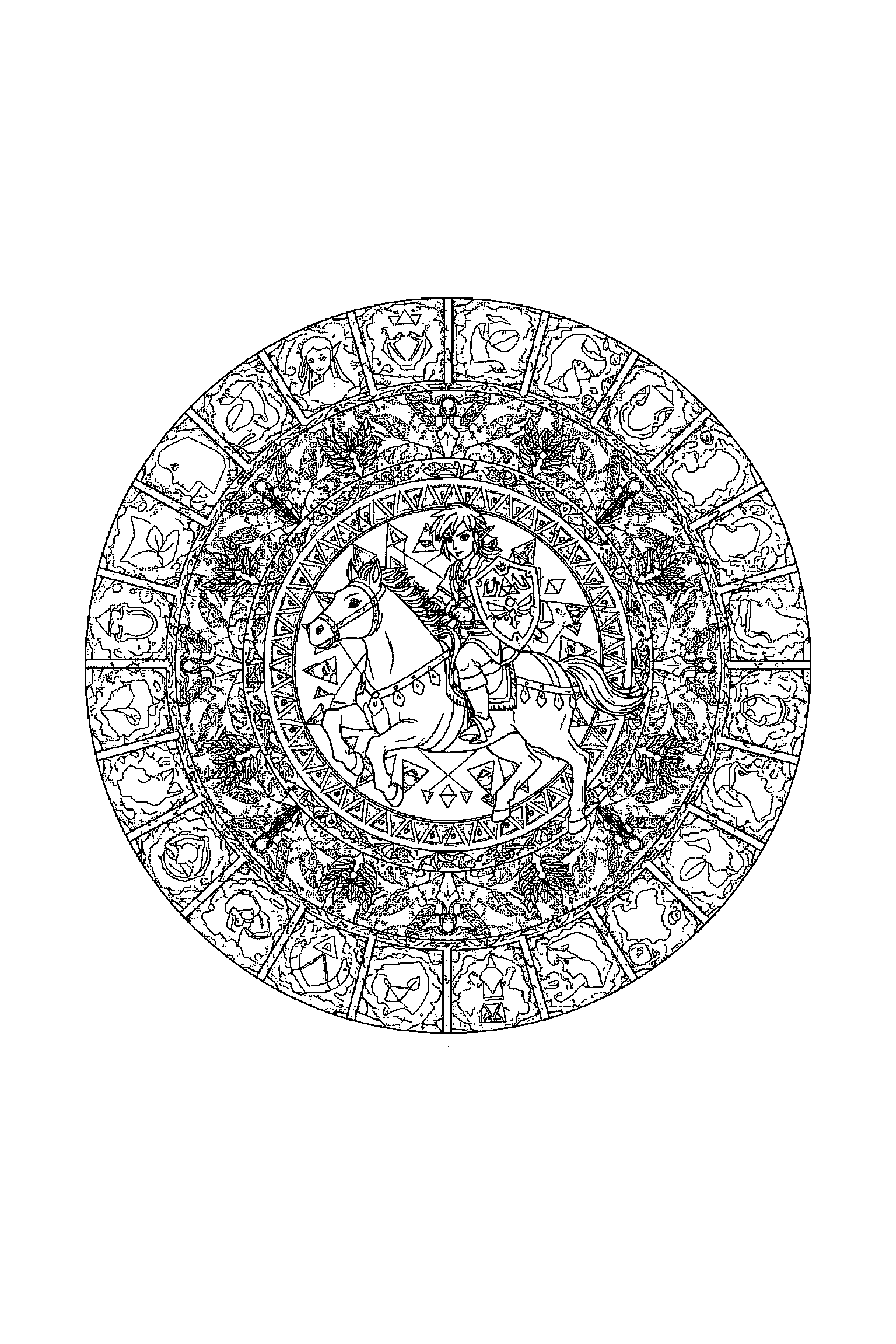 Coloriage Zelda gratuit à imprimer : motif difficile de pierres anciennes autour de un héros avec bouclier
