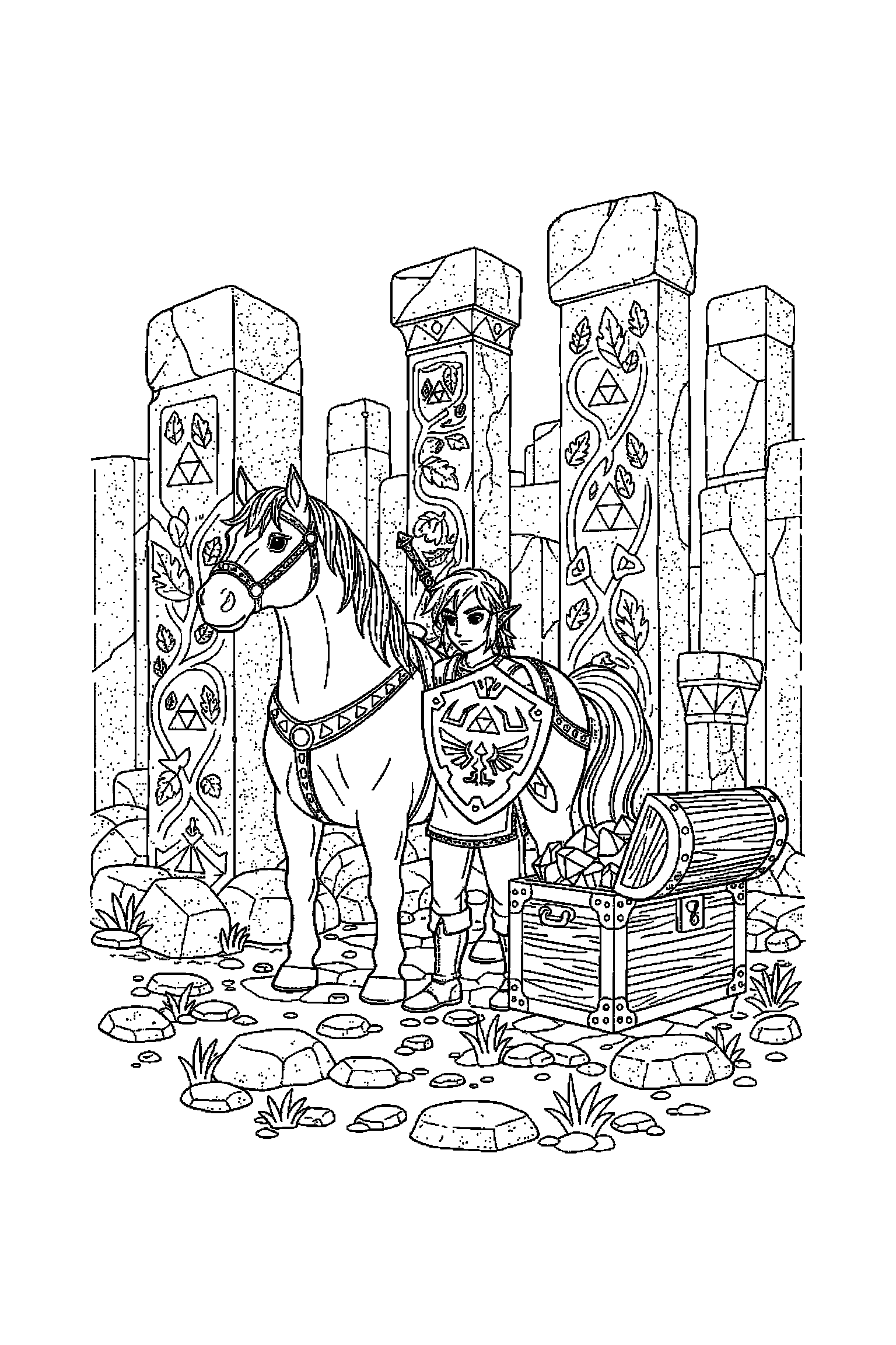 Coloriage Zelda gratuit à imprimer : scène verticale détaillée avec un cheval d'aventure et un coffre