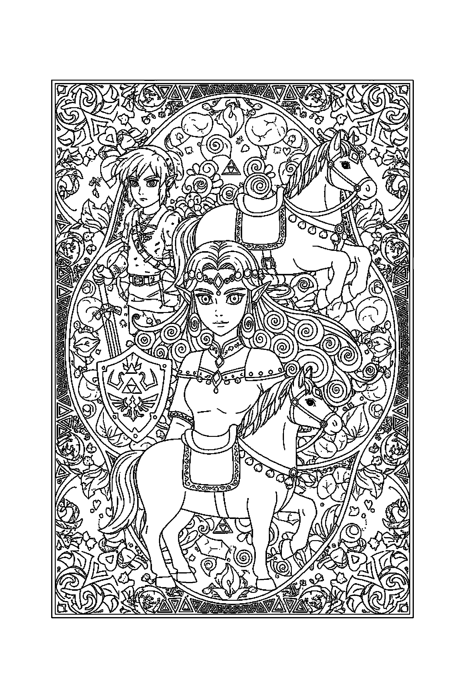 Coloriage Zelda gratuit à imprimer : grand coloriage détaillé de une princesse d'Hyrule avec spirales