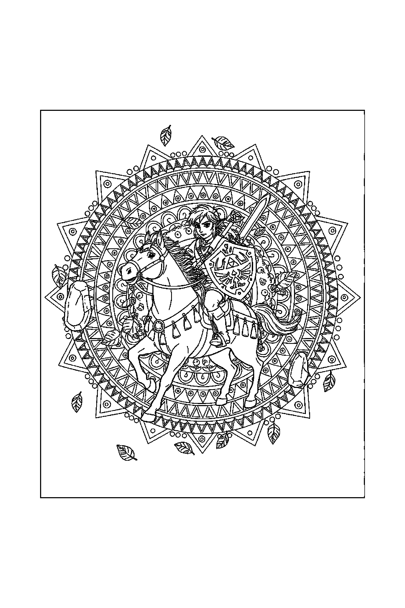 Coloriage Zelda gratuit à imprimer : poster A4 détaillé de Link avec mandala triangles
