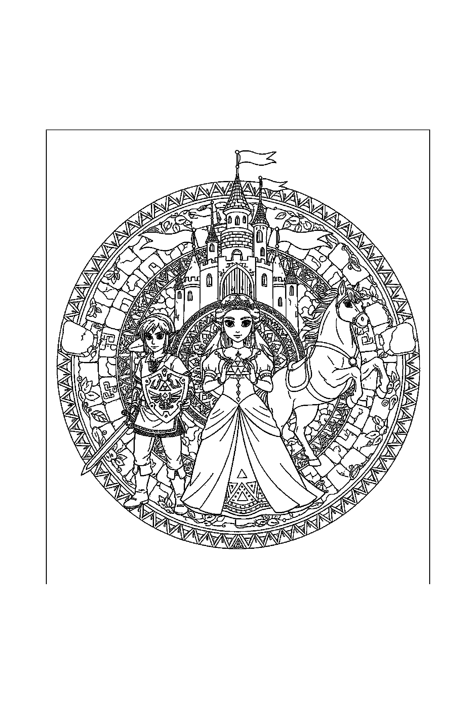 Coloriage Zelda gratuit à imprimer : Zelda au centre avec scène détaillée de un château