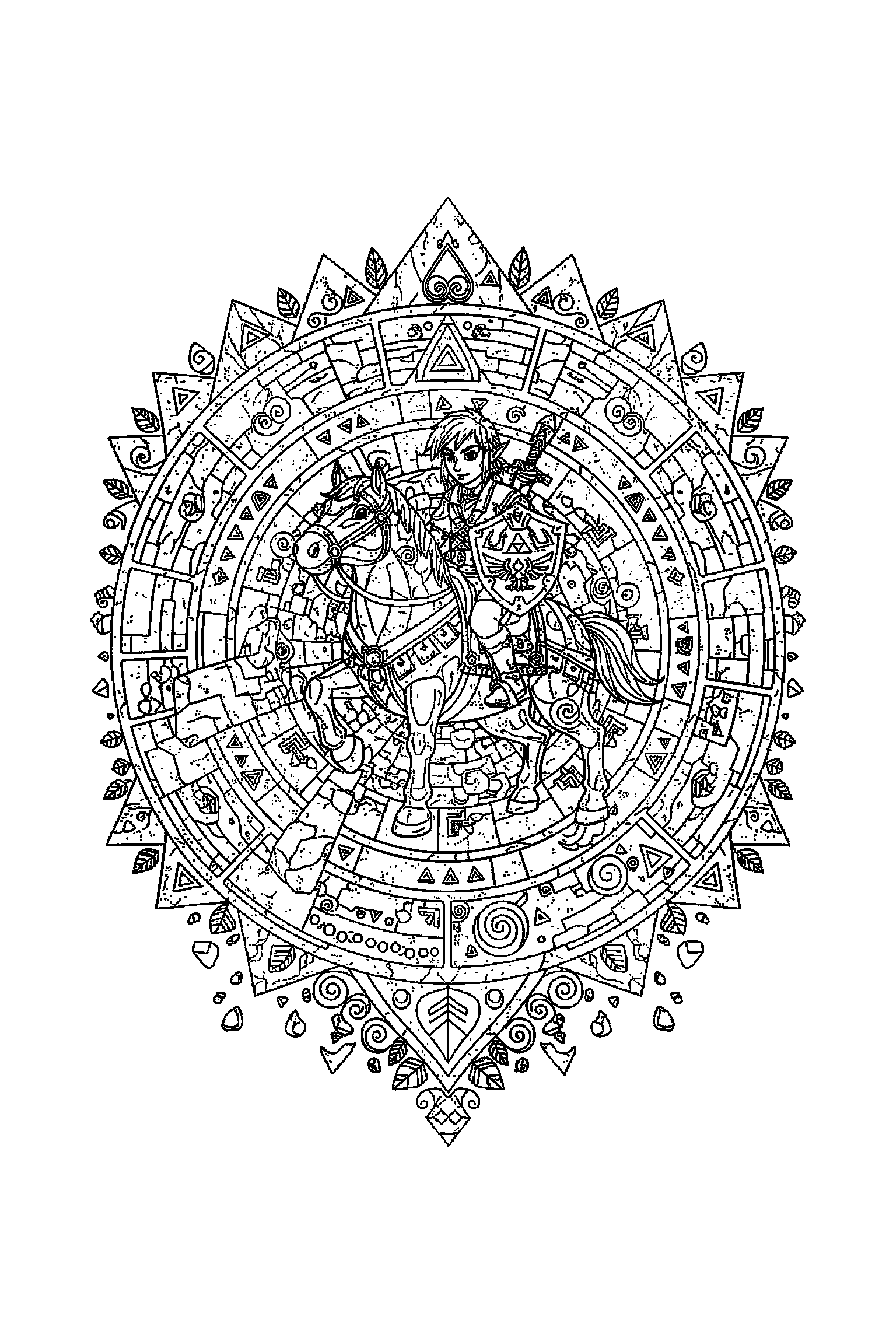 Coloriage Zelda gratuit à imprimer : motif difficile de pierres anciennes autour de un héros avec bouclier